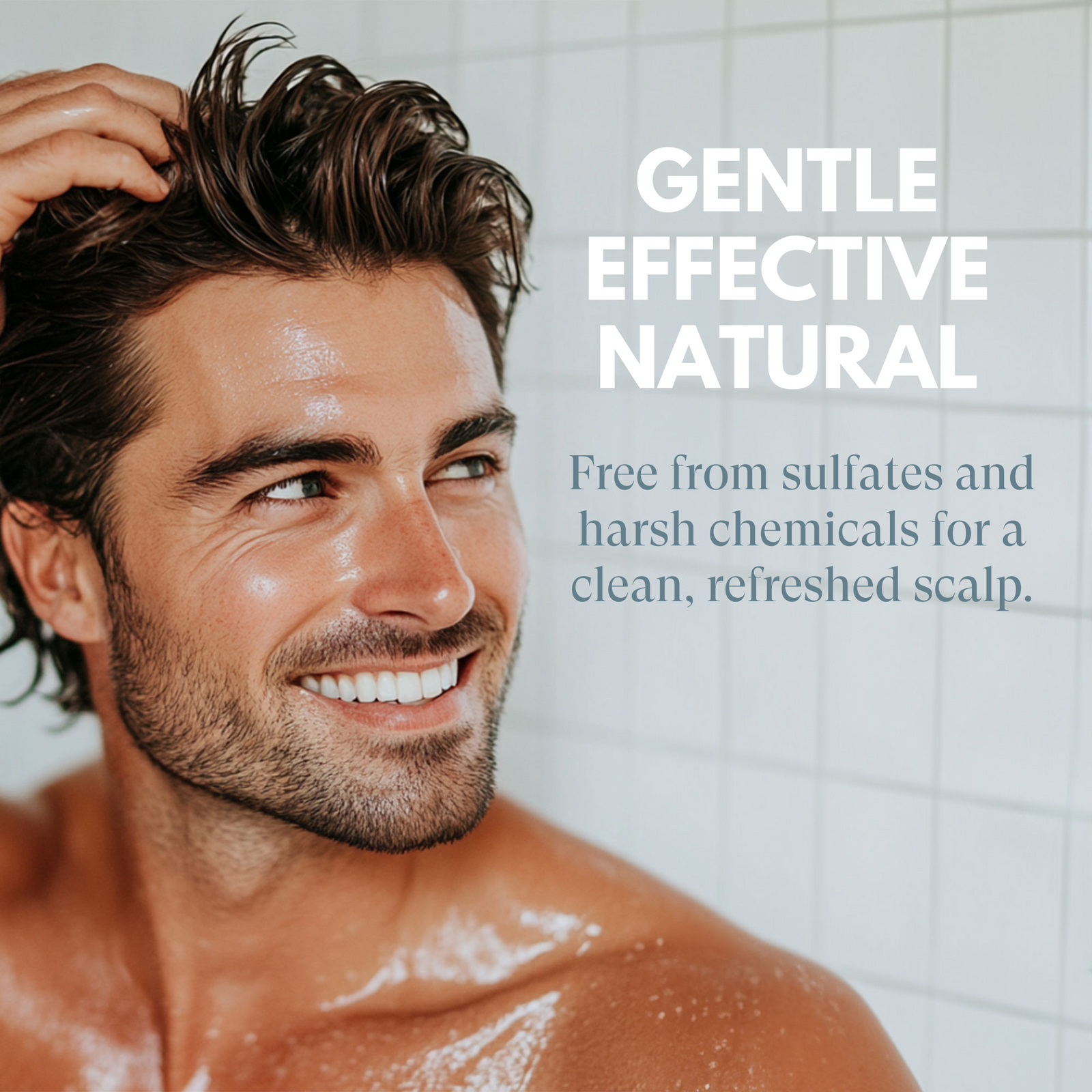 Man with a clean, refreshed scalp after using a gentle hair care product.