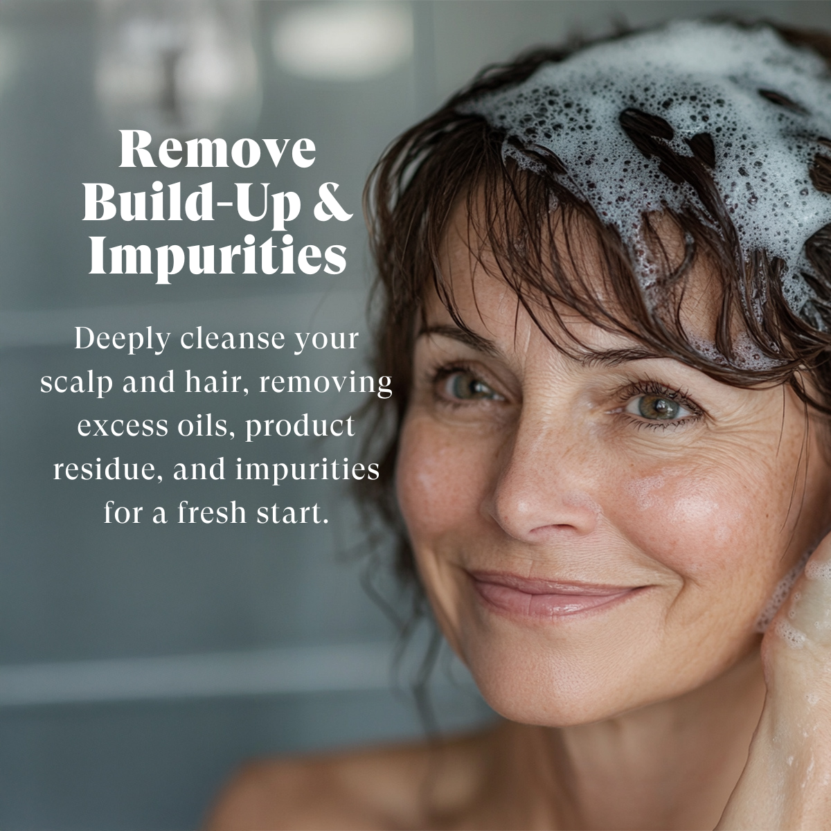 Woman with shampoo on head with text about scalp and hair care