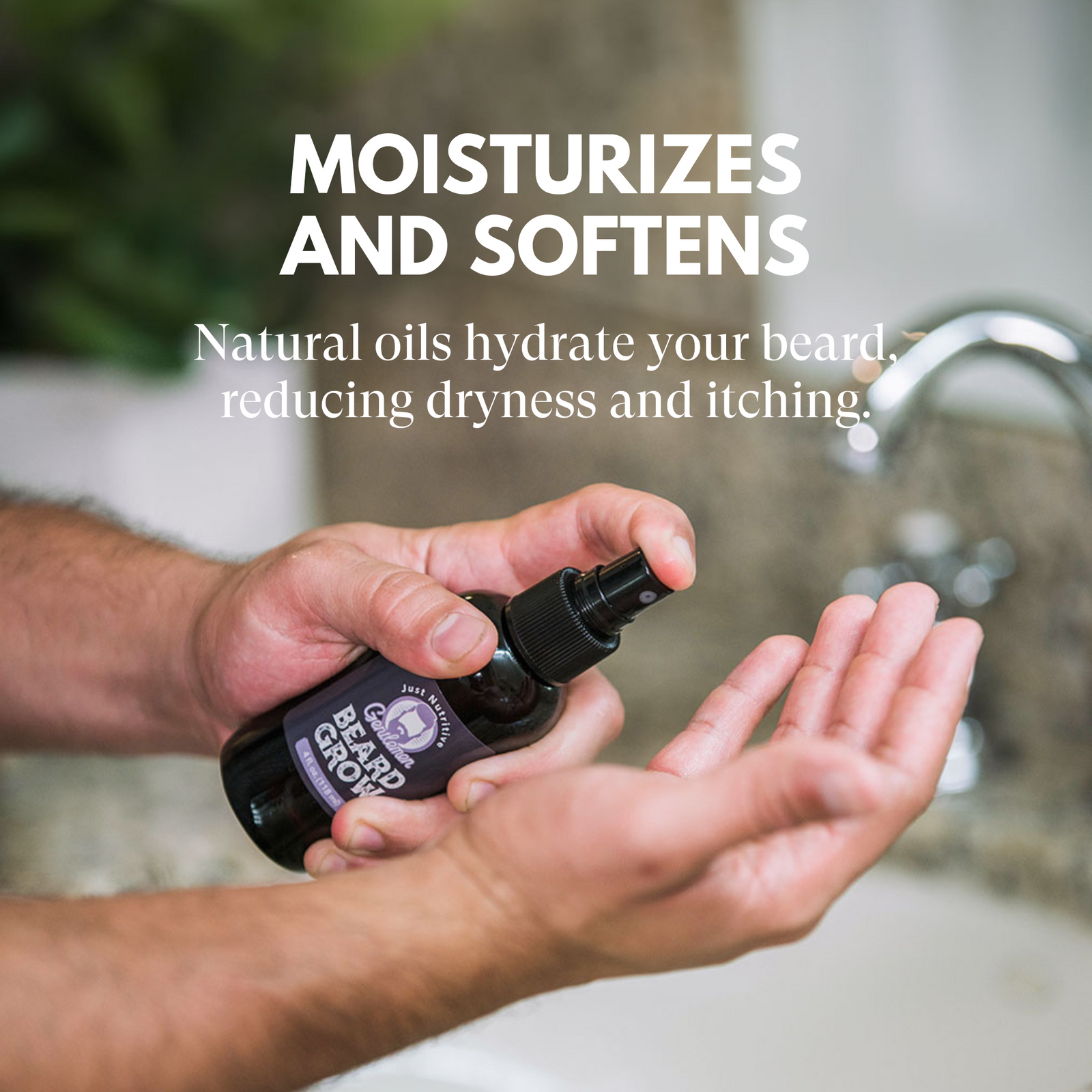 Person holding a beard grooming product with text about moisturizing and softening beards.