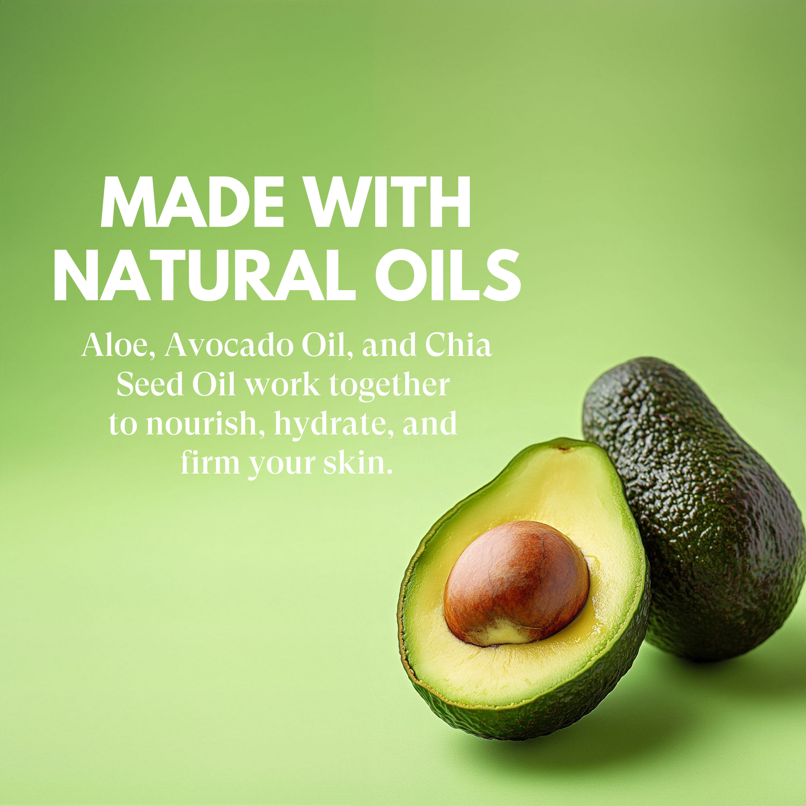 Avocado and half-cut avocado on a green background with text about natural oils.