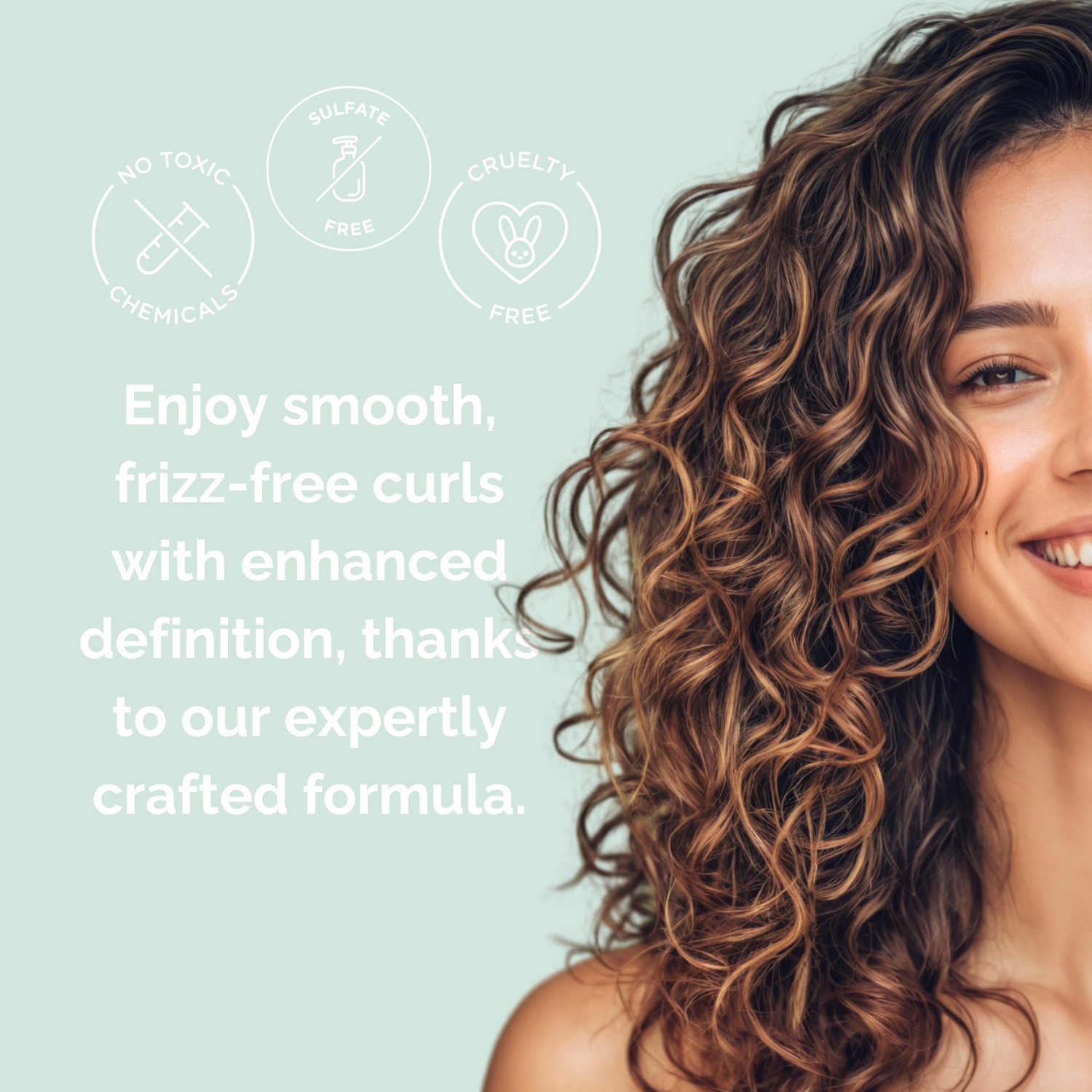 Woman with curly hair on a light green background with product feature icons.