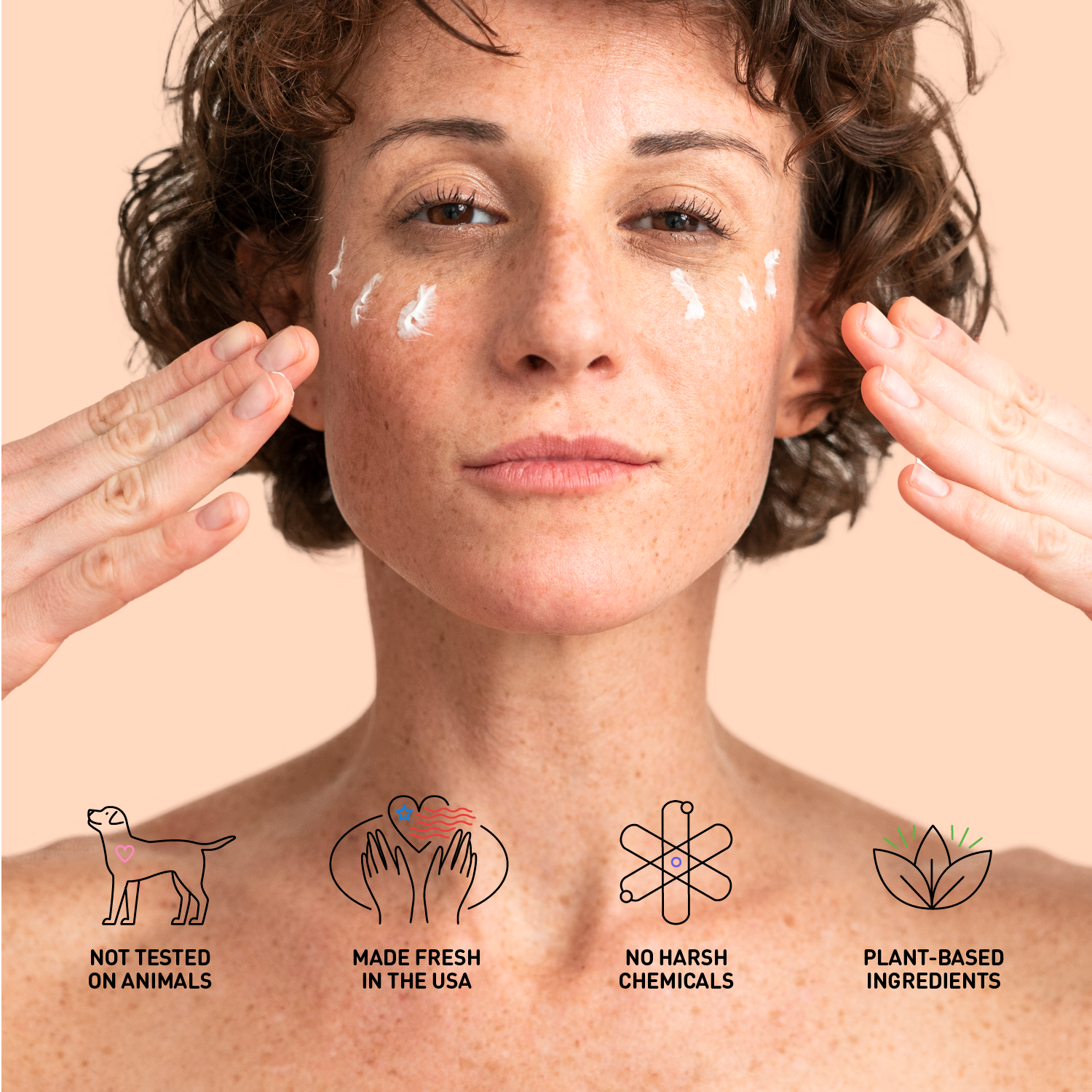 Woman applying cream to her face with icons indicating cruelty-free, made fresh, no harsh chemicals, and plant-based ingredients.