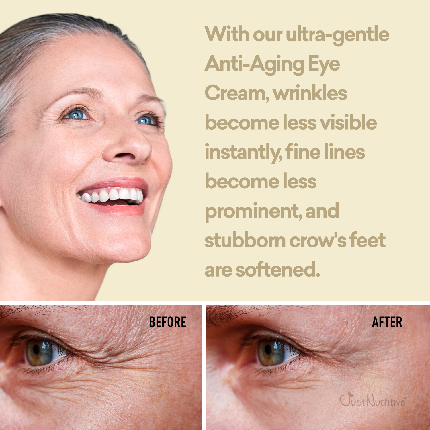 Advertisement for anti-aging eye cream showing before and after effects on a woman's eyes.