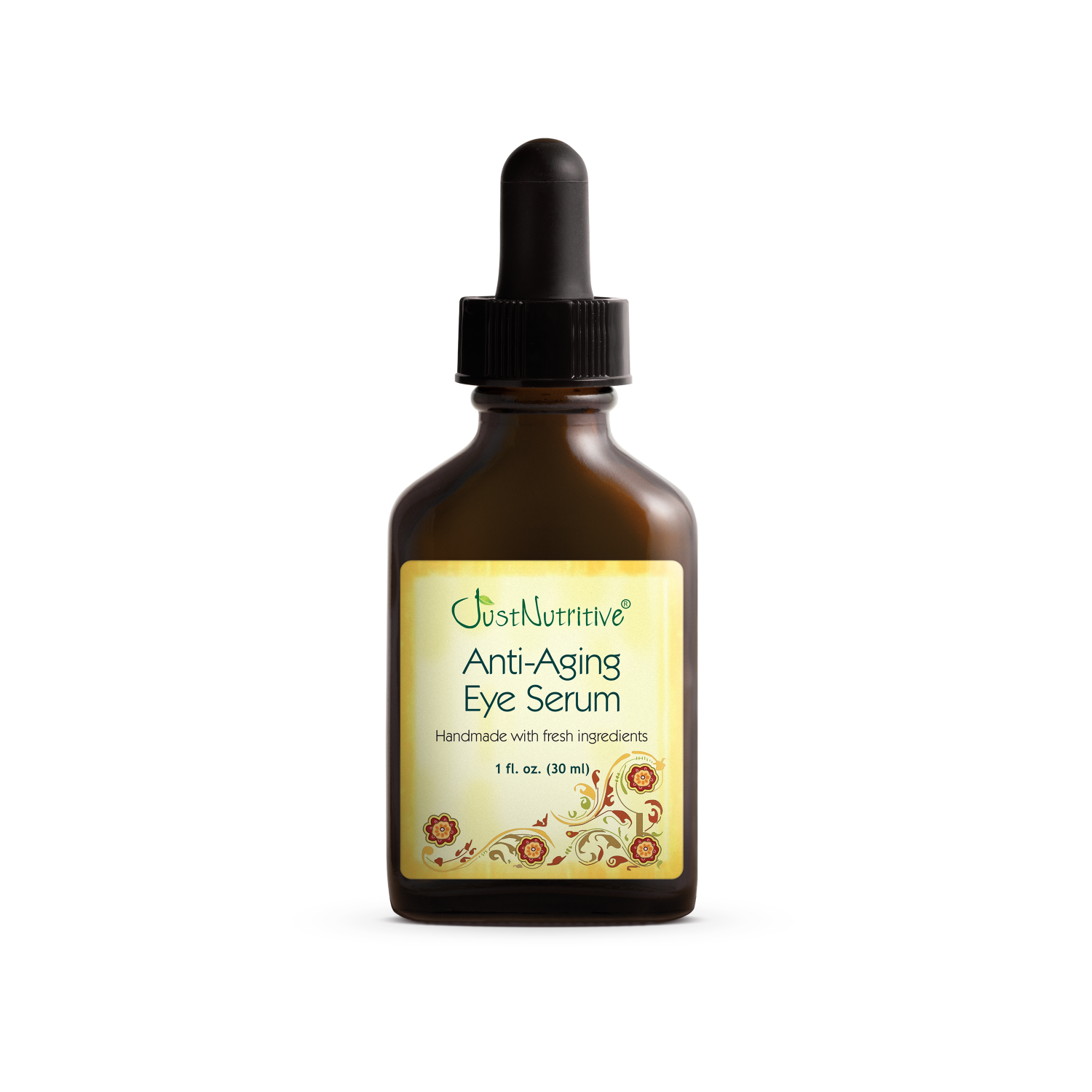 Brown glass bottle of Just Nutritive Anti-Aging Eye Serum on a white background