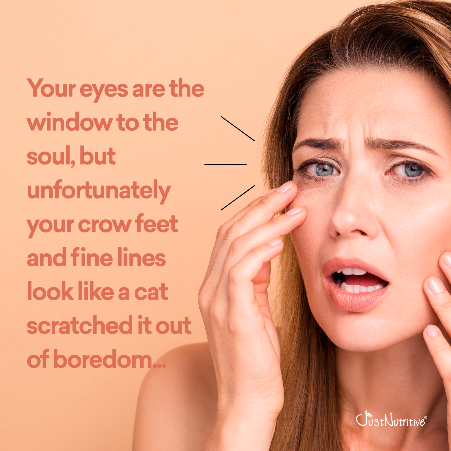 Woman touching her face with text about crow's feet and fine lines on a peach background