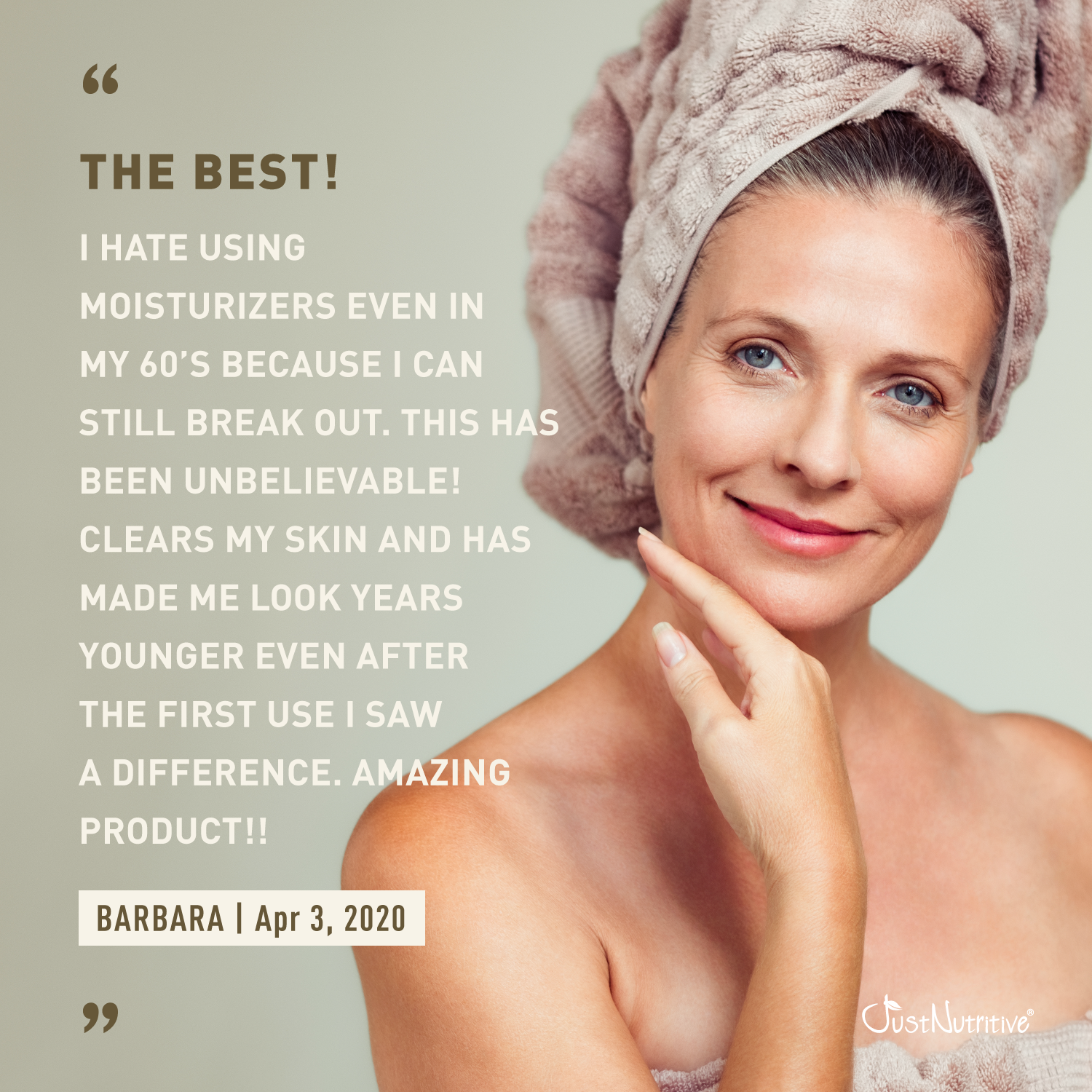 Woman with towel on head, using moisturizer with product review text.