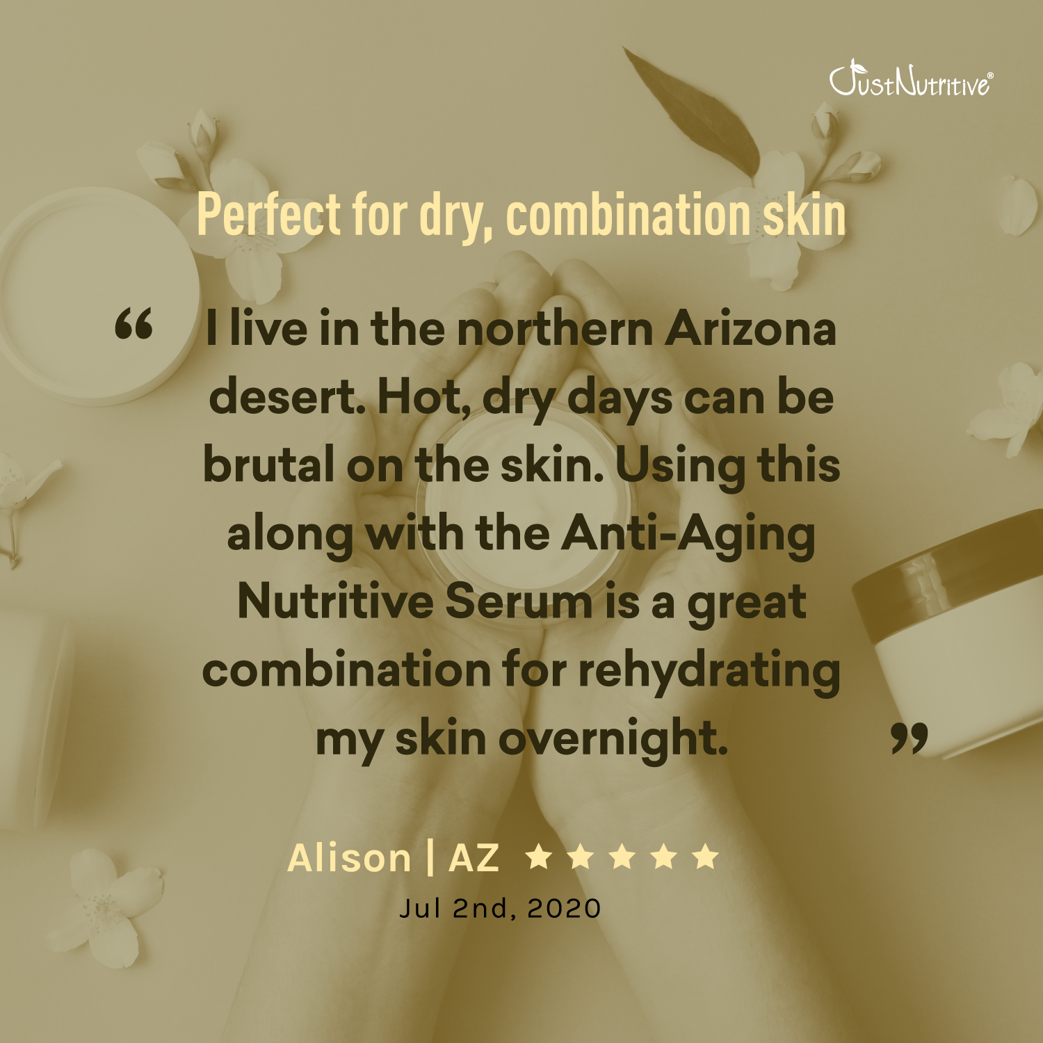 Product packaging with text about skin care benefits and customer review on a beige background