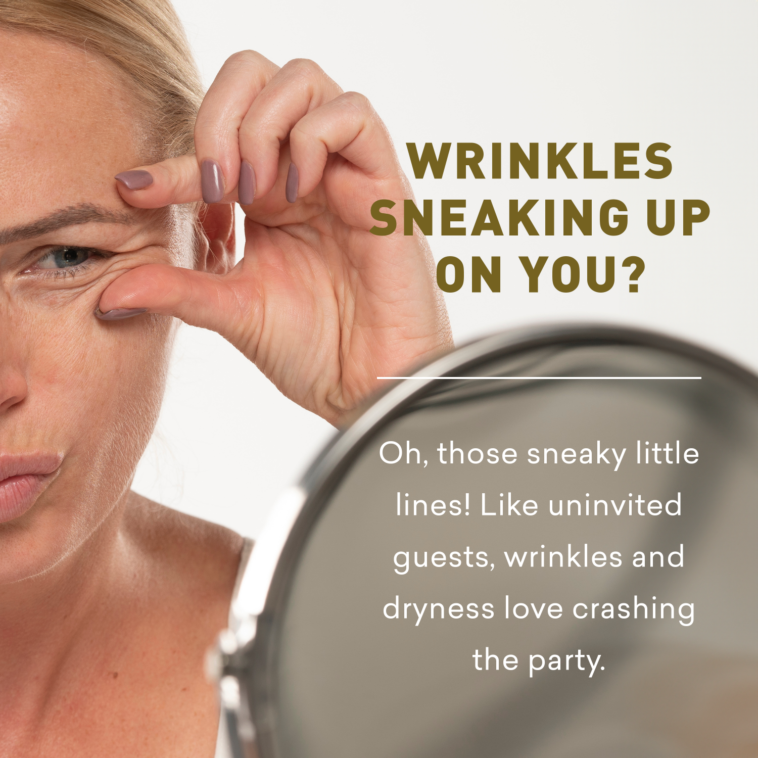 Woman examining wrinkles with a mirror, text about skin aging.