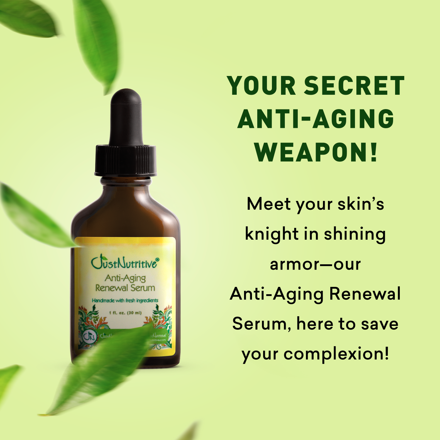 Anti-aging serum bottle with text on a green background