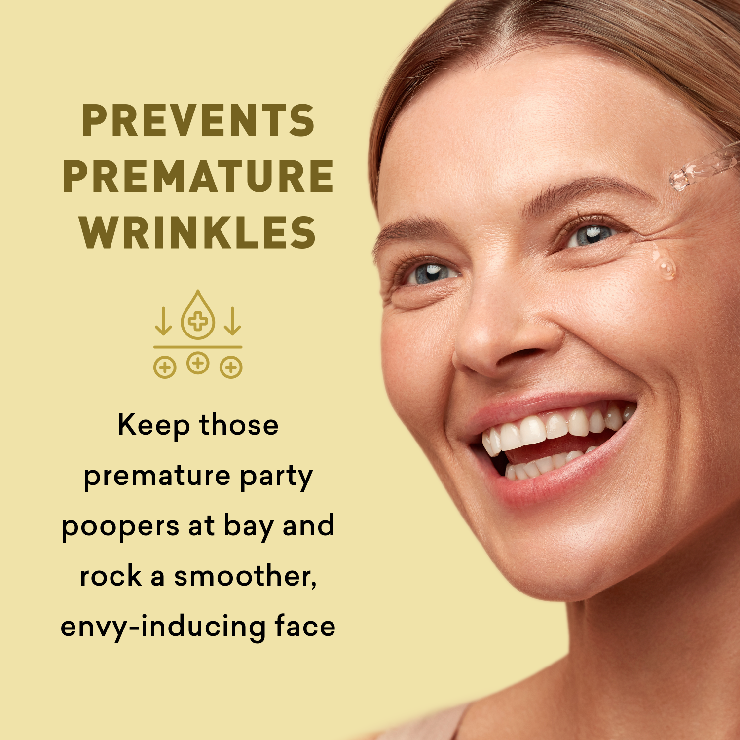Woman with smooth skin on a beige background with text about preventing premature wrinkles.