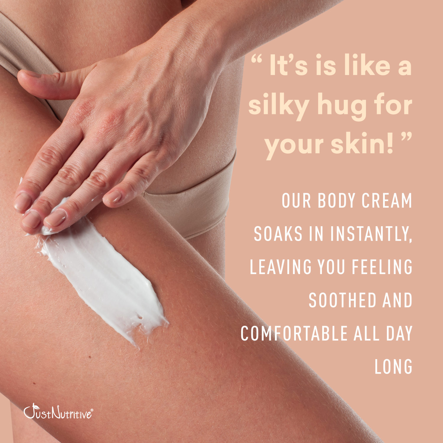 Person applying body cream to their arm with a promotional message on a beige background