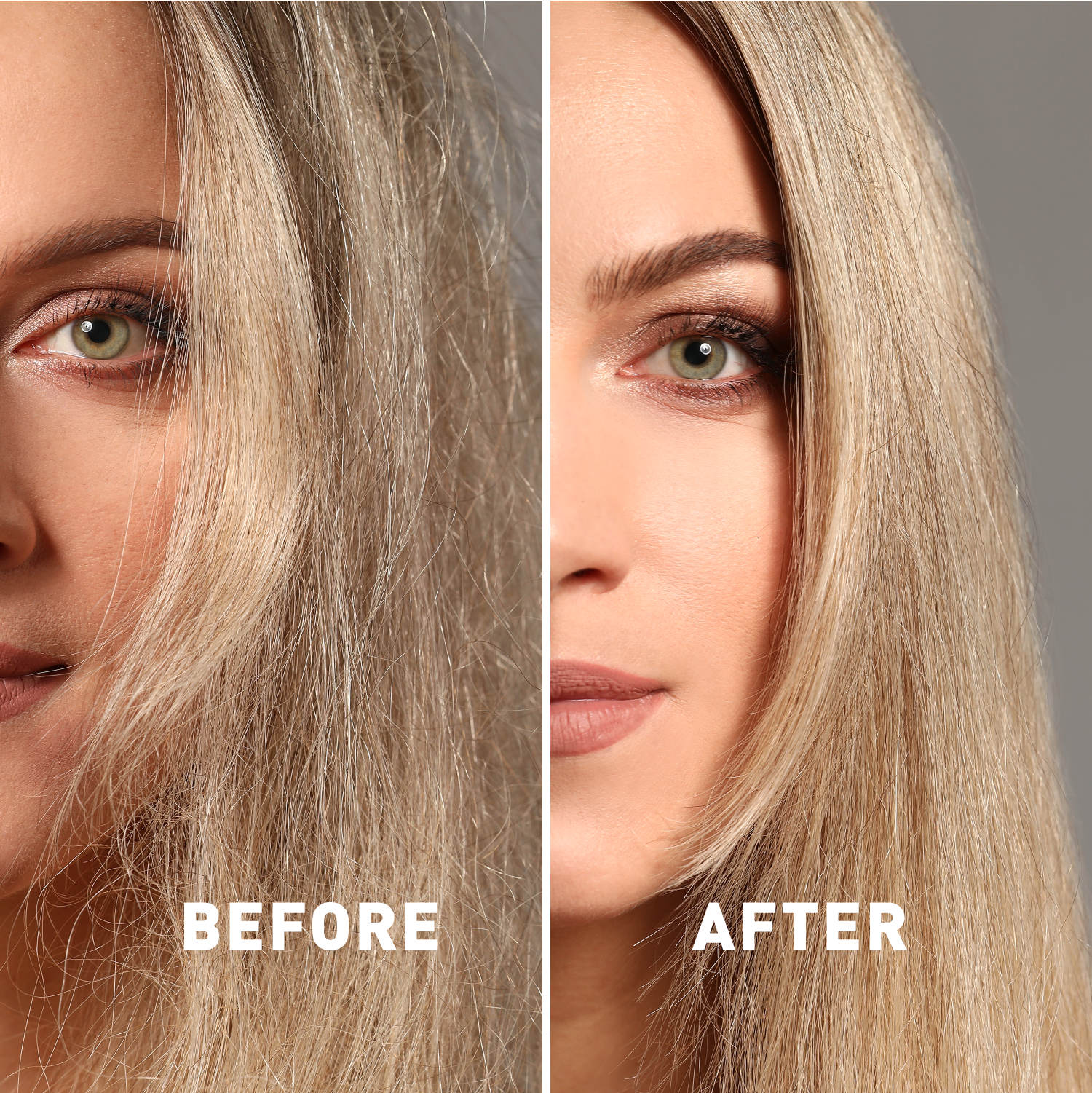 Before and after comparison of a woman's hair color change.