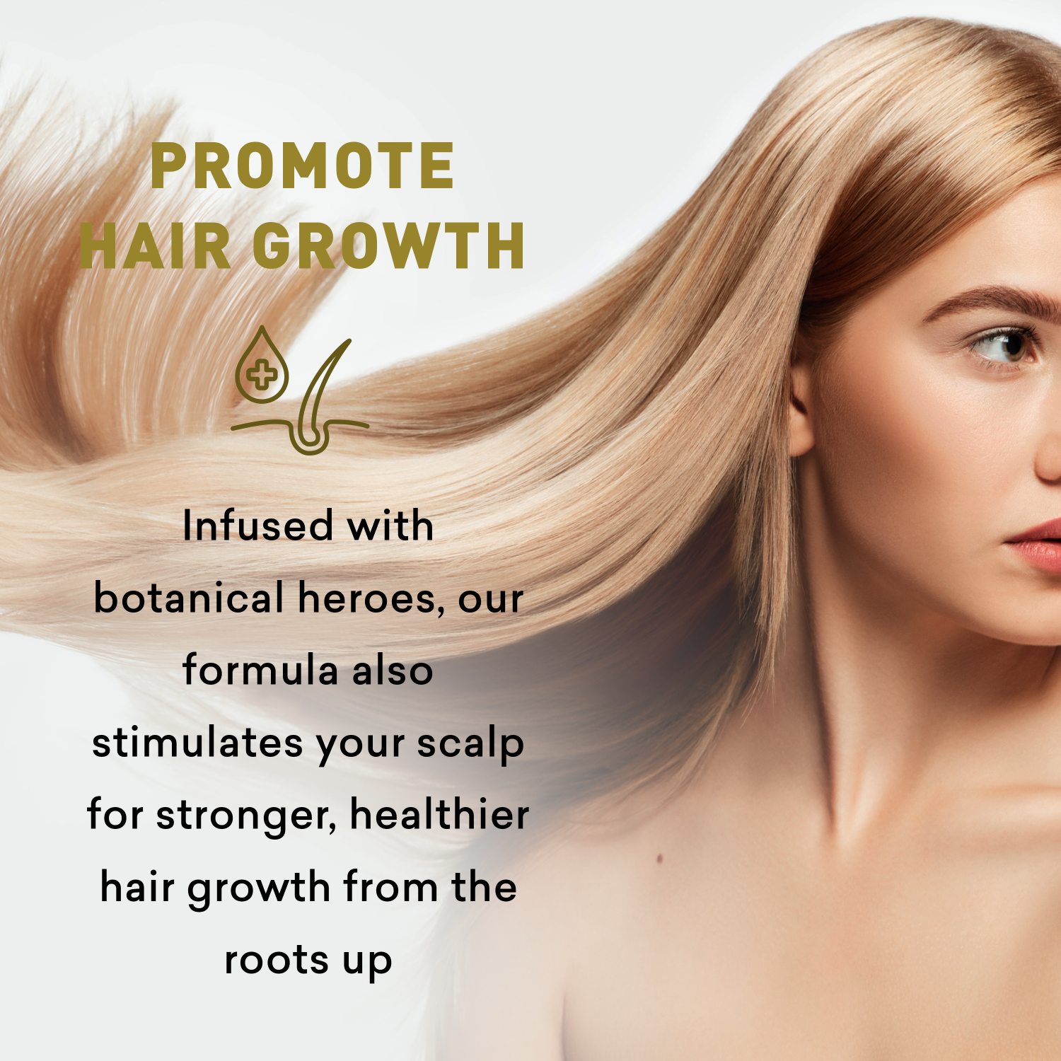 Promotional image for hair growth product with a woman's face and text about botanical ingredients.