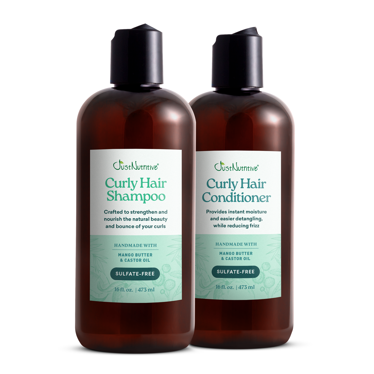Two bottles of Curly Hair Shampoo and Conditioner on a white background