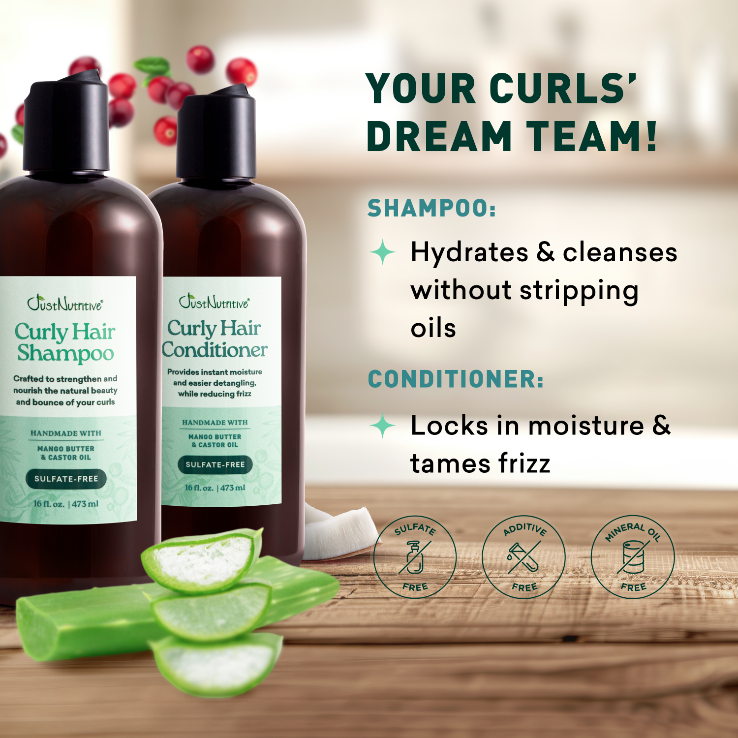 Two bottles of Curly Hair Shampoo and Conditioner with aloe vera slices on a wooden surface.