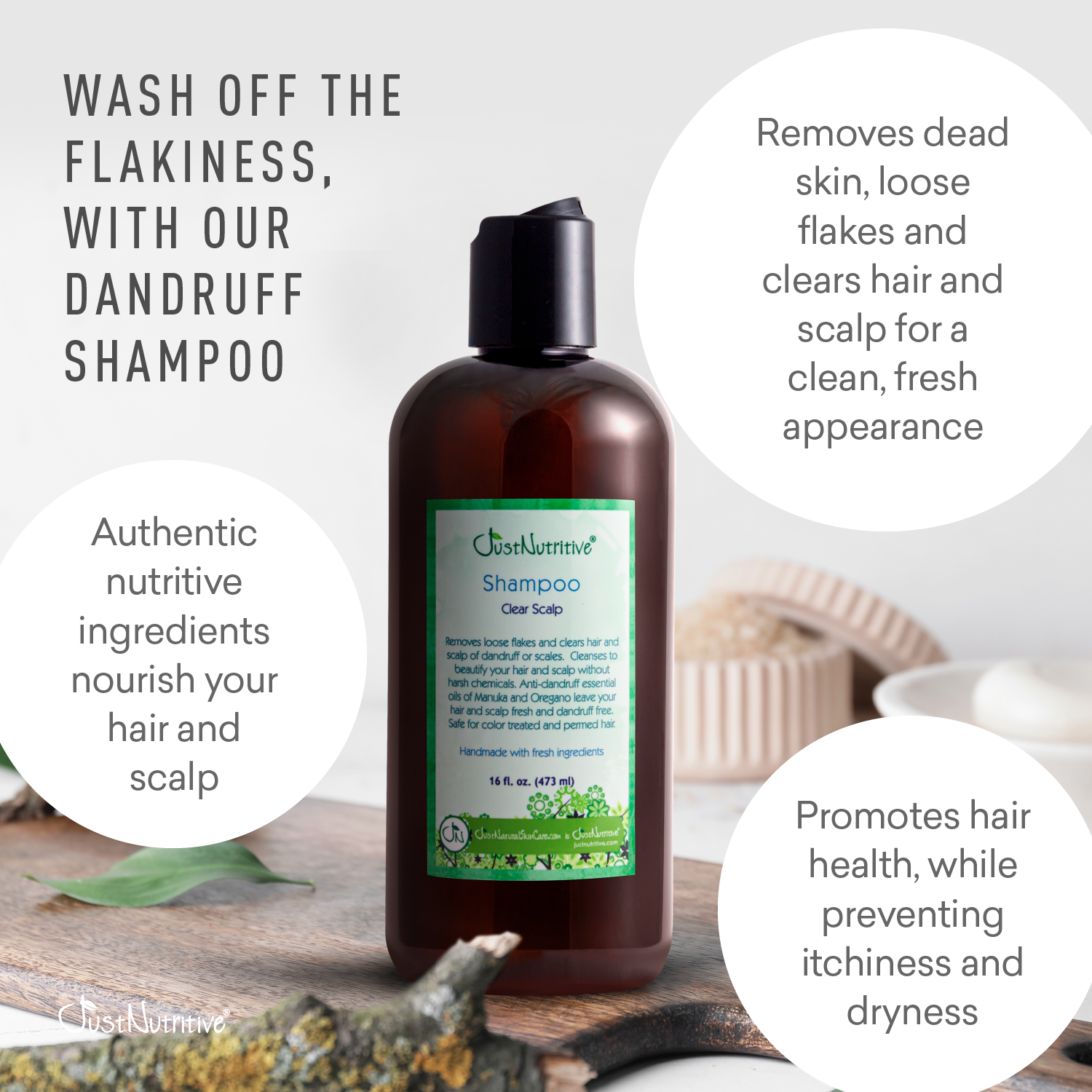 Dandruff shampoo bottle with text highlighting its benefits on a wooden surface.