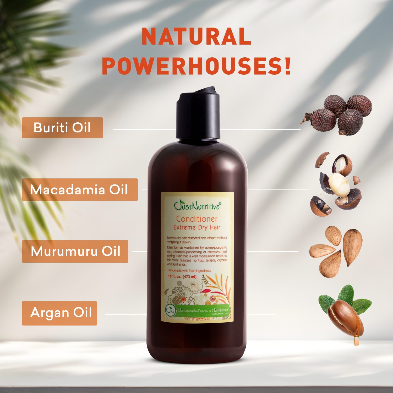 Shampoo bottle with natural oils ingredients on a light background