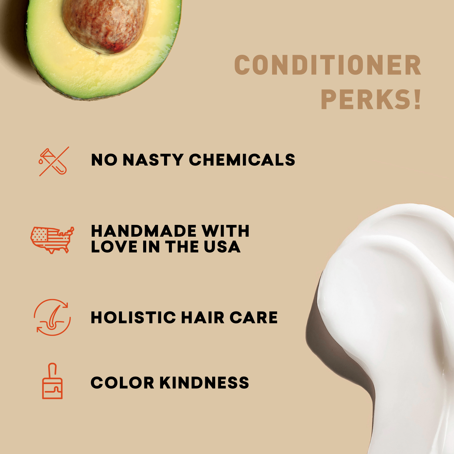 Avocado and conditioner with text highlighting 'No Nasty Chemicals', 'Handmade with Love in the USA', 'Holistic Hair Care', and 'Color Kindness' on a beige background.