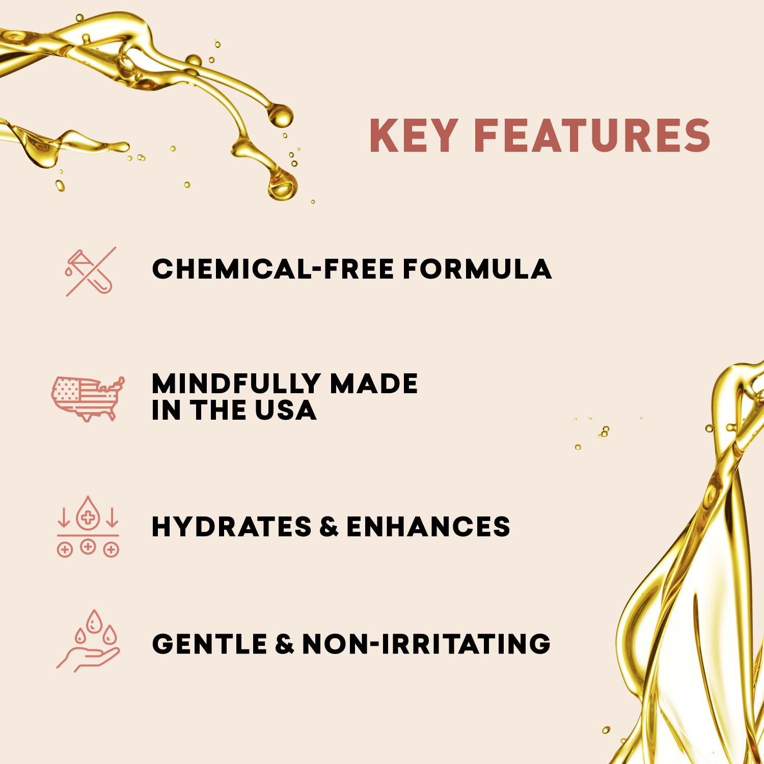 Key features of a product on a beige background with oil graphics