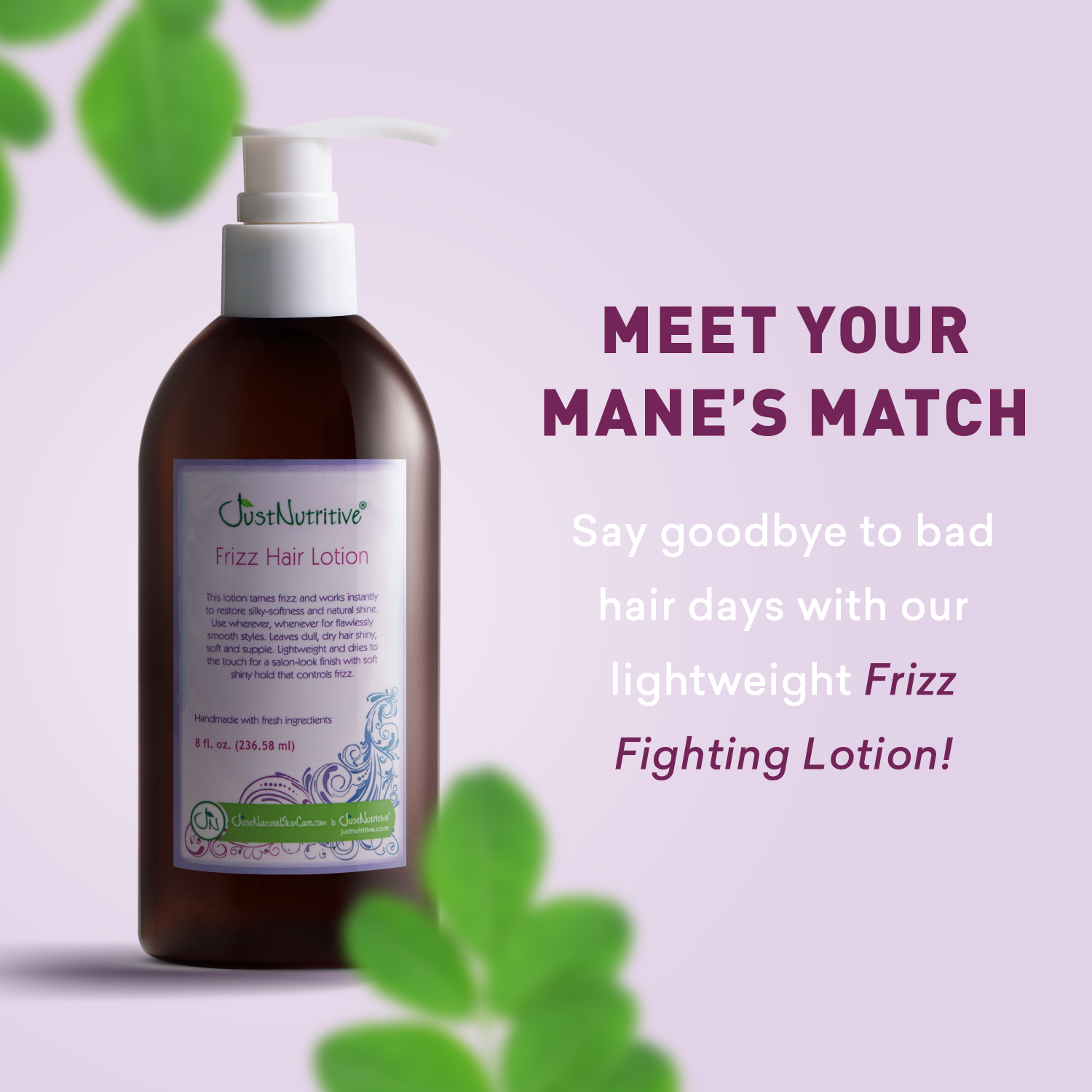 Bottle of hair lotion with text on a light purple background