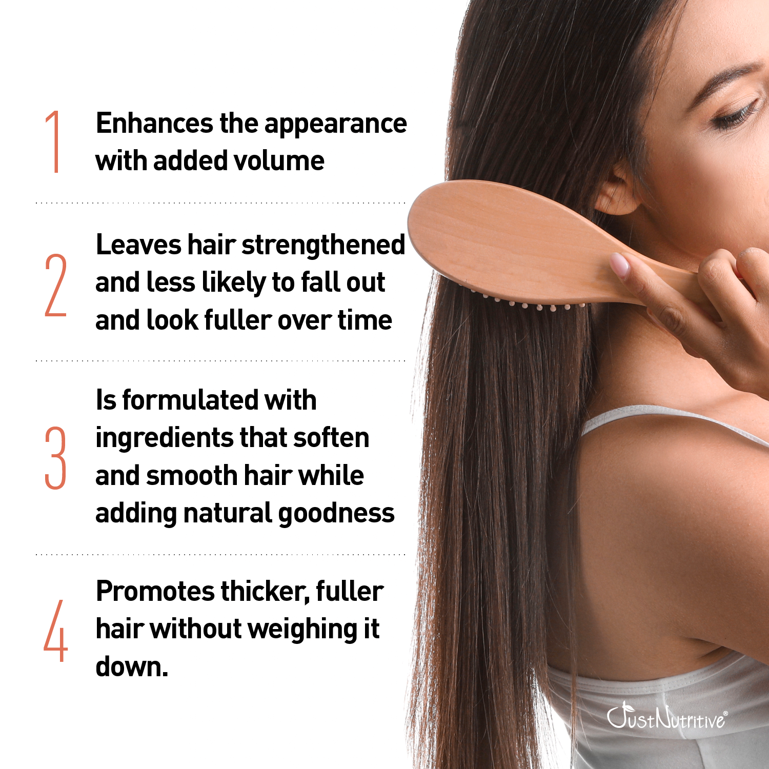 Woman brushing her hair with a wooden comb, featuring text about hair product benefits.