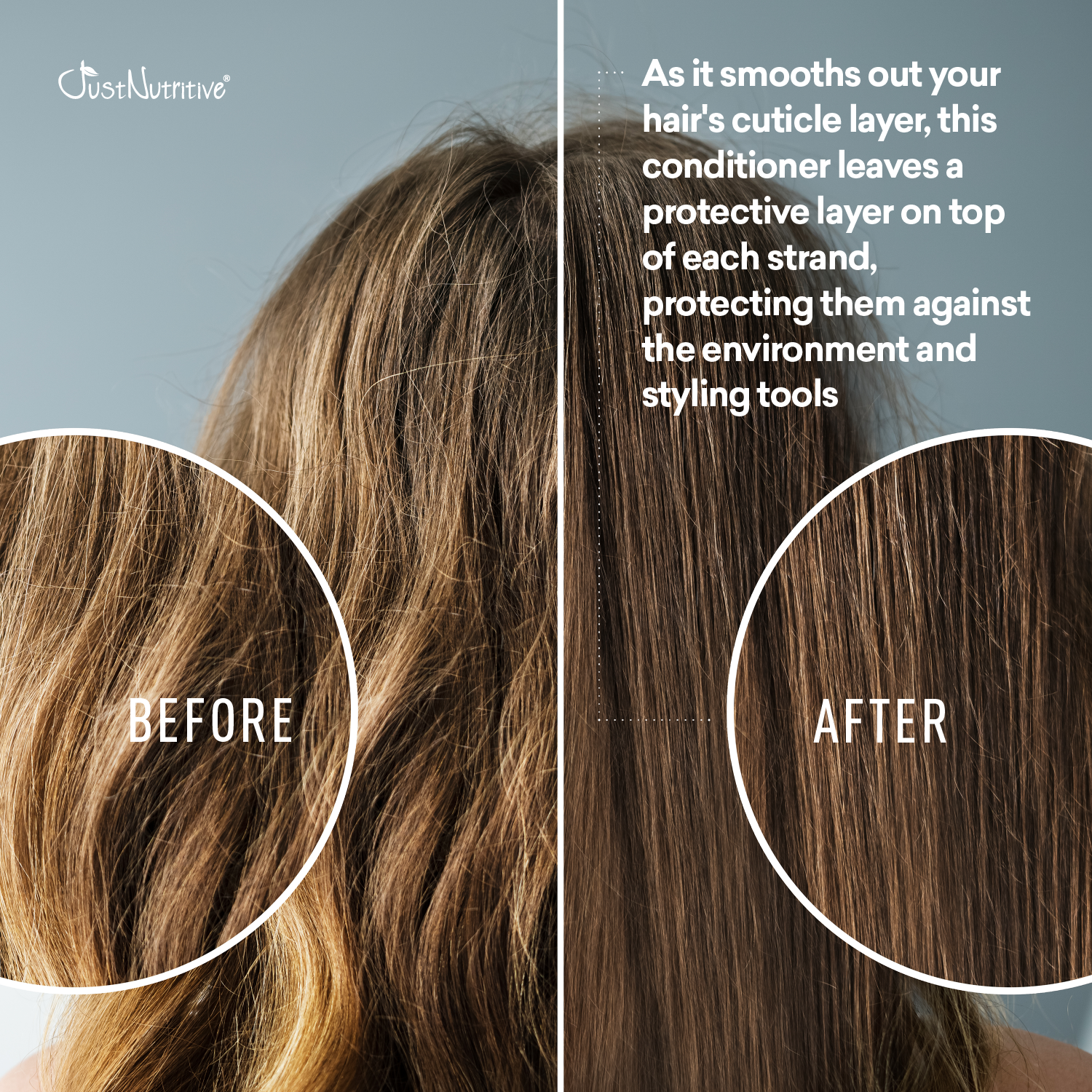 Before and after comparison of hair with conditioner application, showing smooth texture and protective layer.