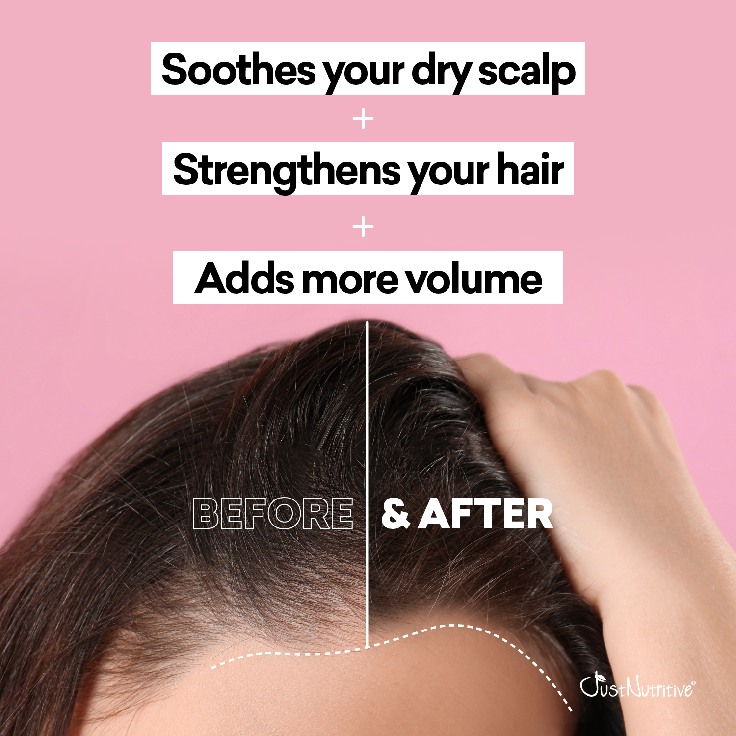 Before and after comparison of a person's scalp and hair with text on a pink background.