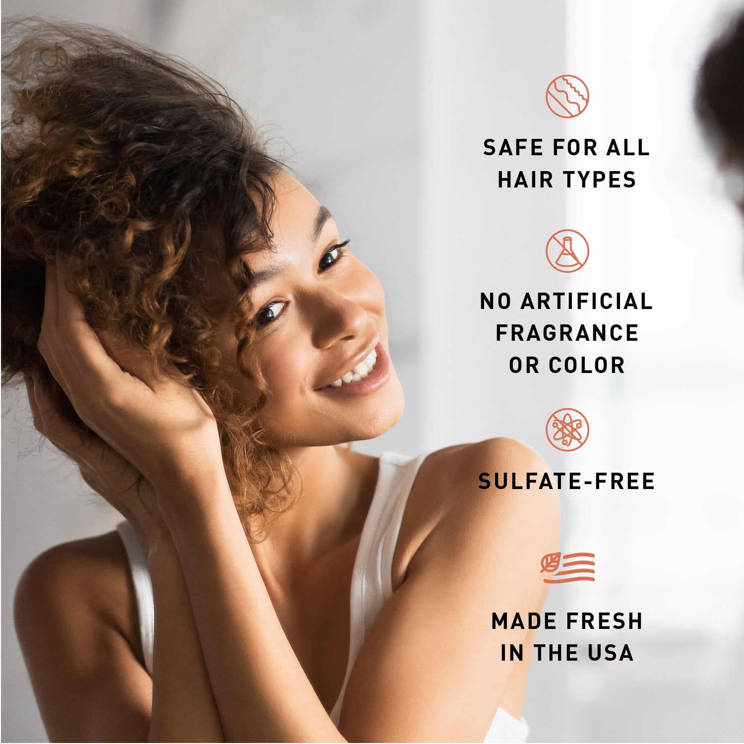 Woman with curly hair touching her head, with product features listed on the right.