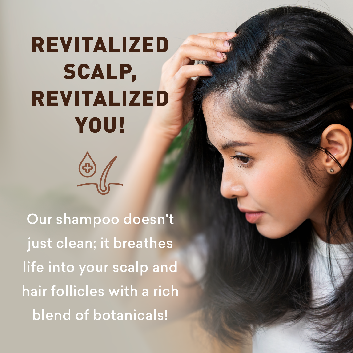 Woman with revitalized hair looking at her scalp, with promotional text about a shampoo product.