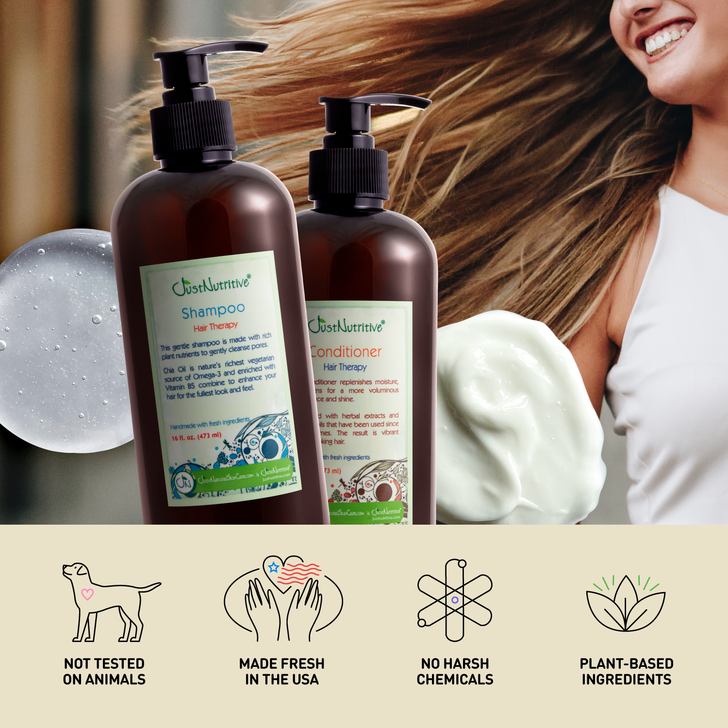 Two bottles of dog shampoo and conditioner with a woman holding a dog, and icons indicating animal welfare, freshness, chemical-free, and plant-based ingredients.