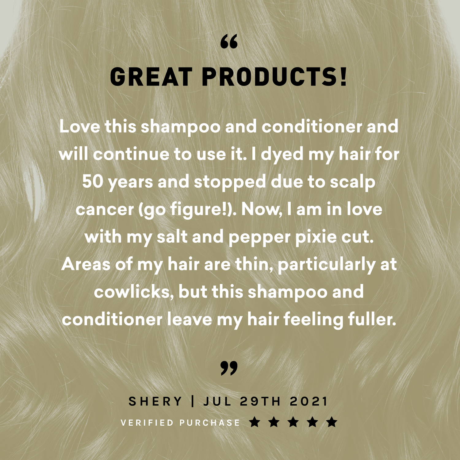 Text review of shampoo and conditioner on a background of blonde hair.