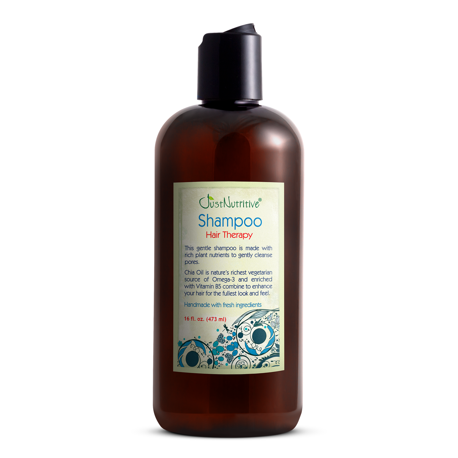 Brown shampoo bottle with a label on a white background