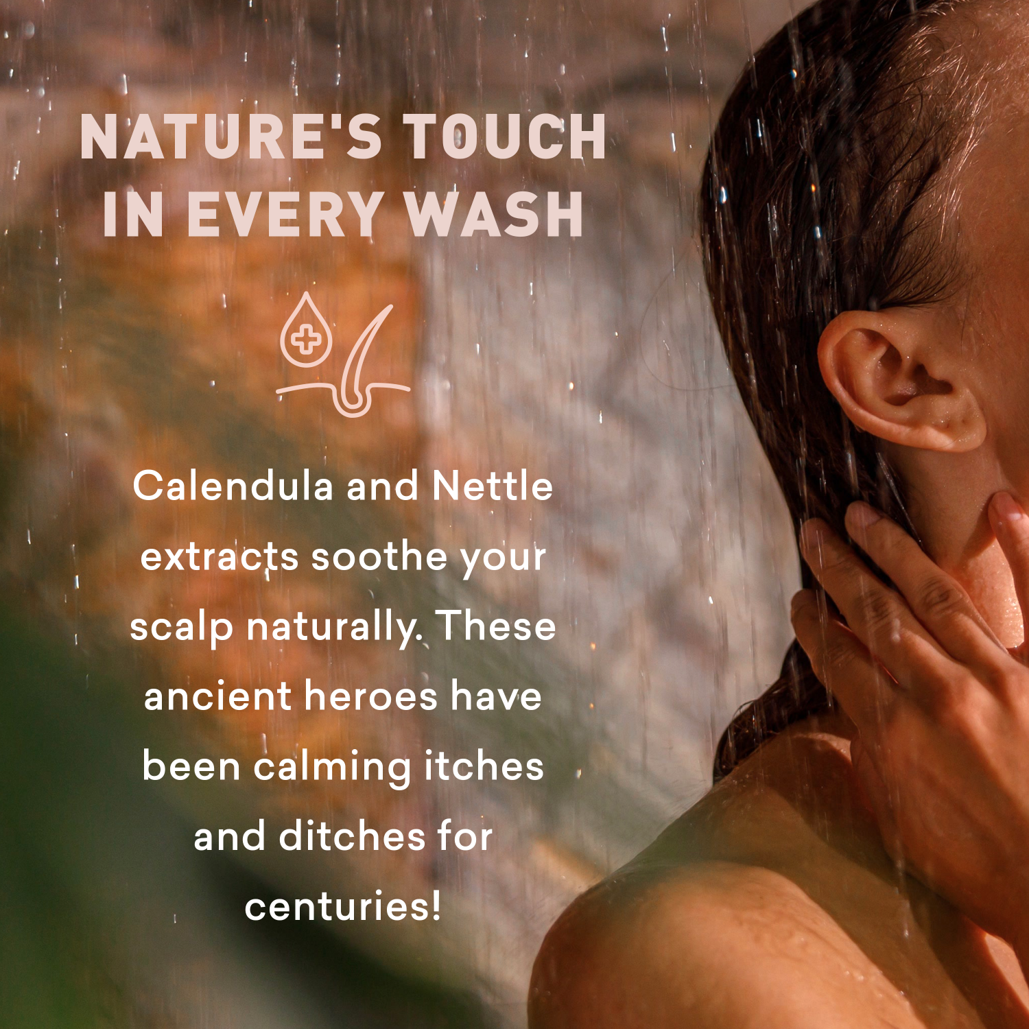 Person washing hair with shower water, text about natural scalp care products.