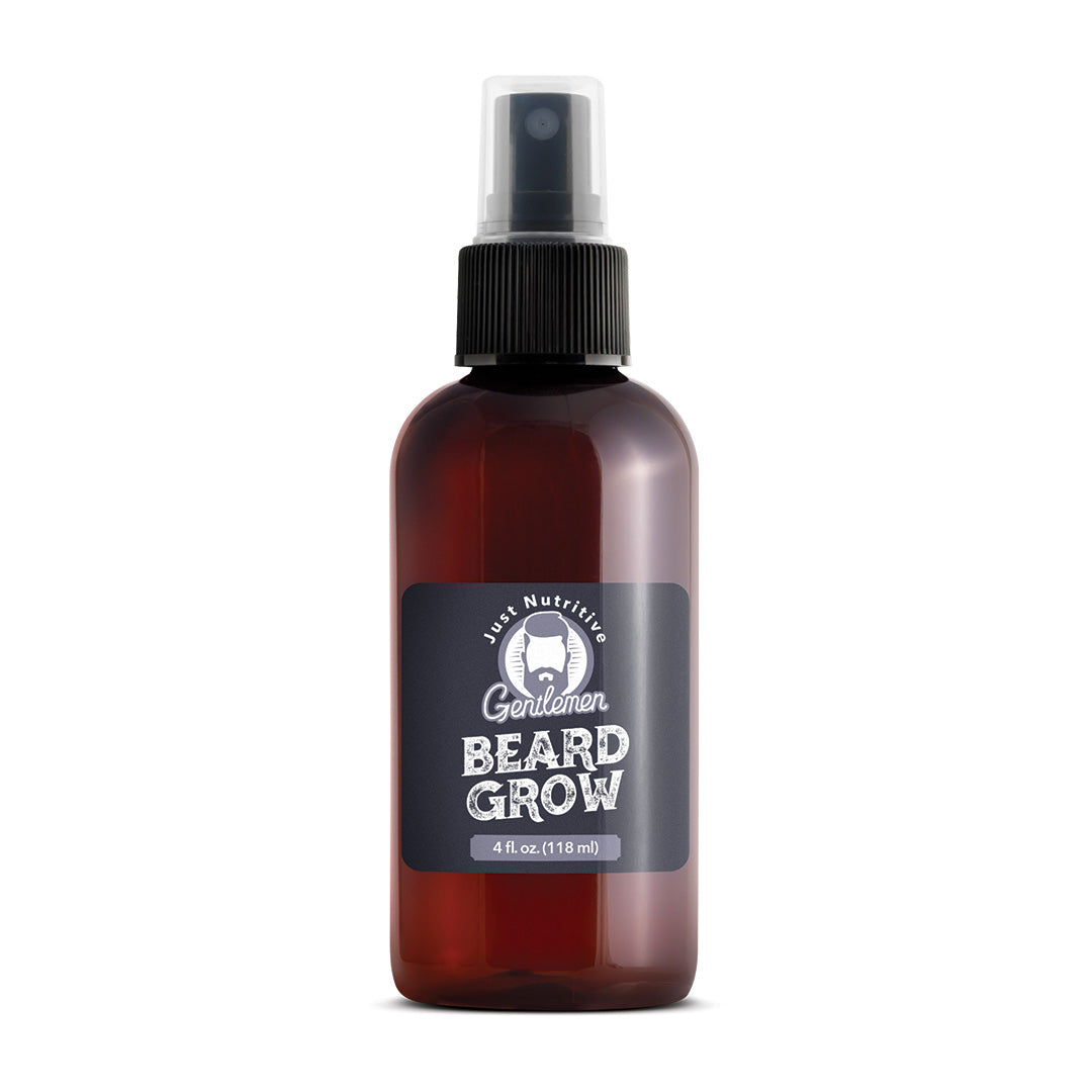 Brown bottle of 'Gentleman Beard Grow' on a white background
