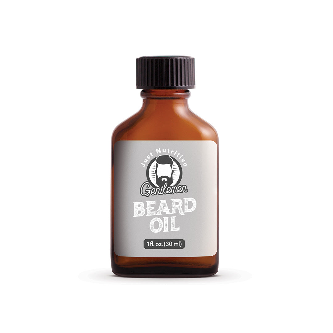 Brown bottle of beard oil with a label on a white background