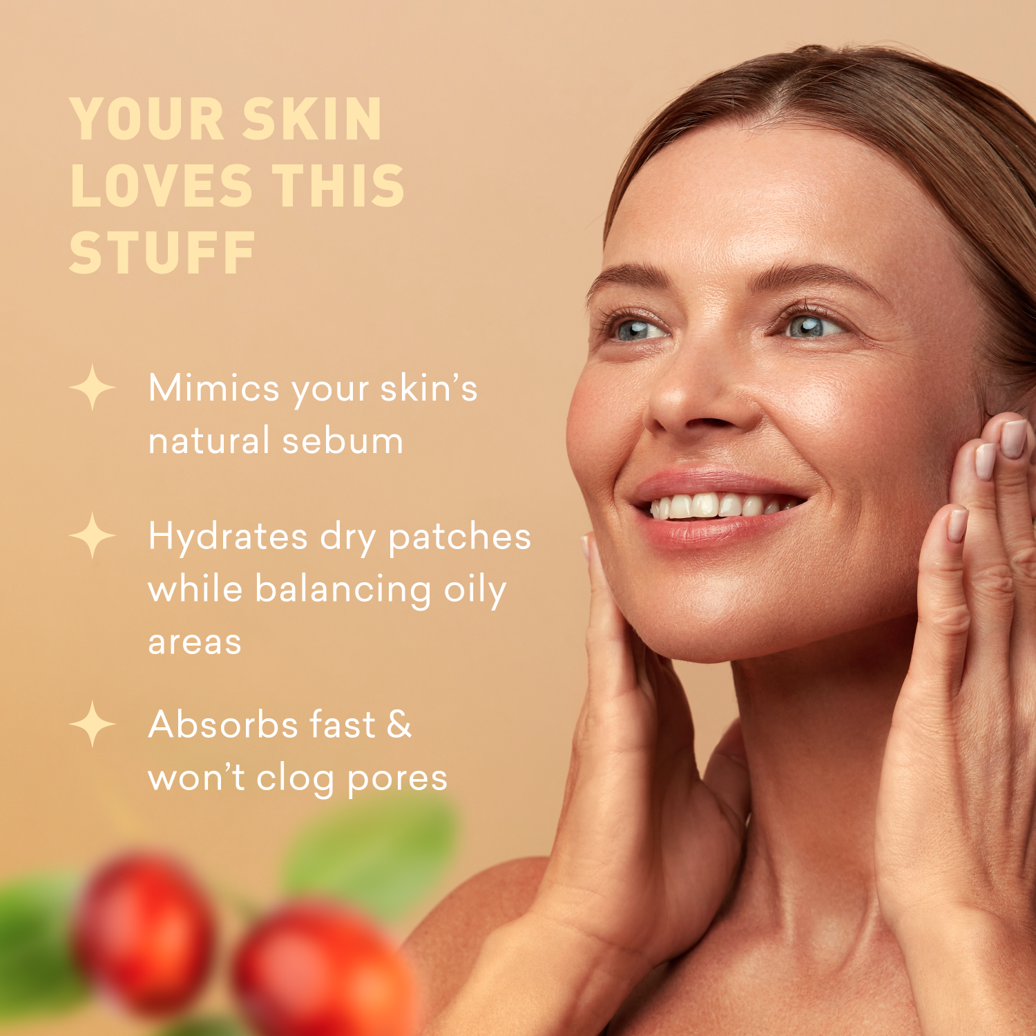 Woman with smooth skin touching her face against a beige background with text about skincare product benefits.