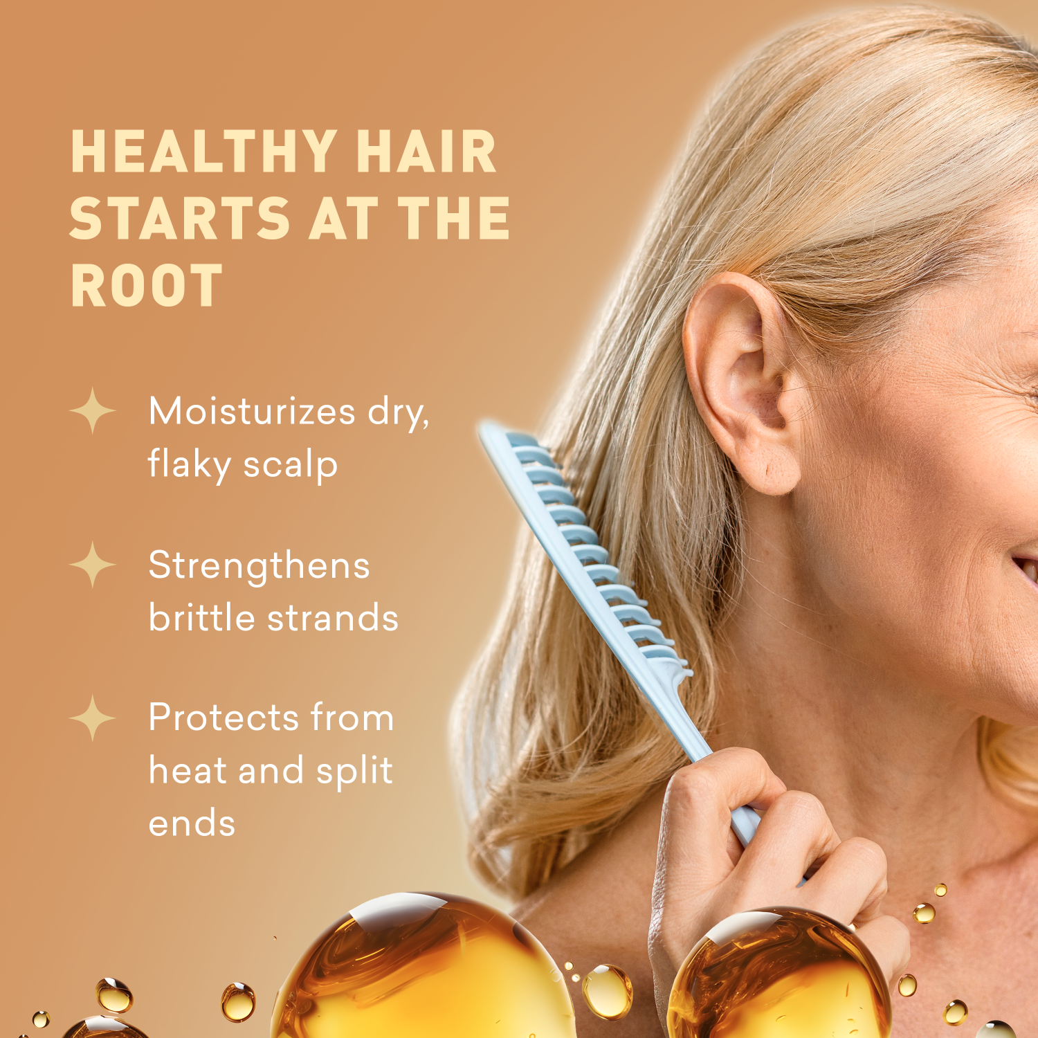 Woman combing her hair with a bottle of hair care product on a beige background