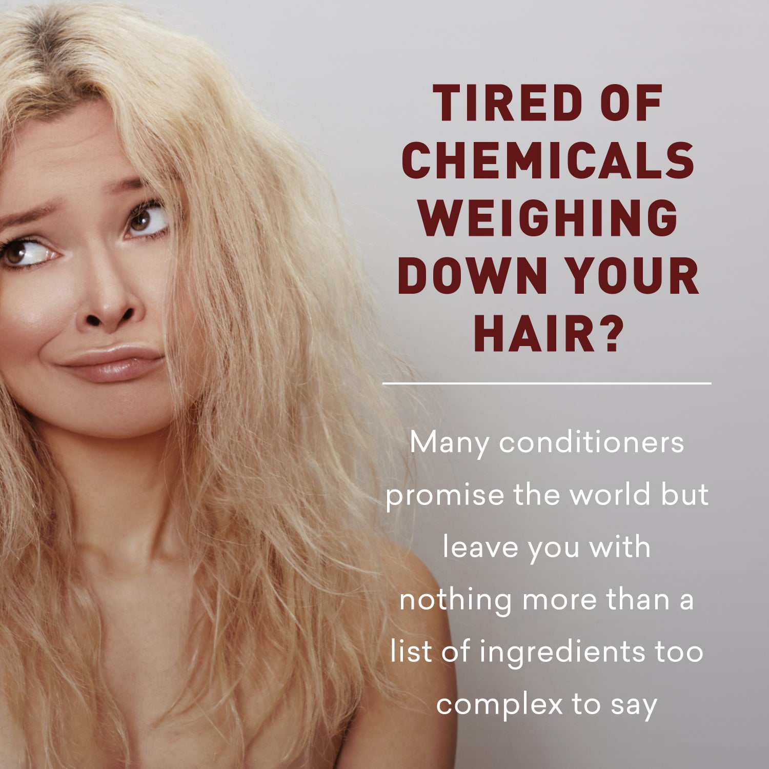 Woman with blonde hair looking concerned, text about chemicals in hair products.