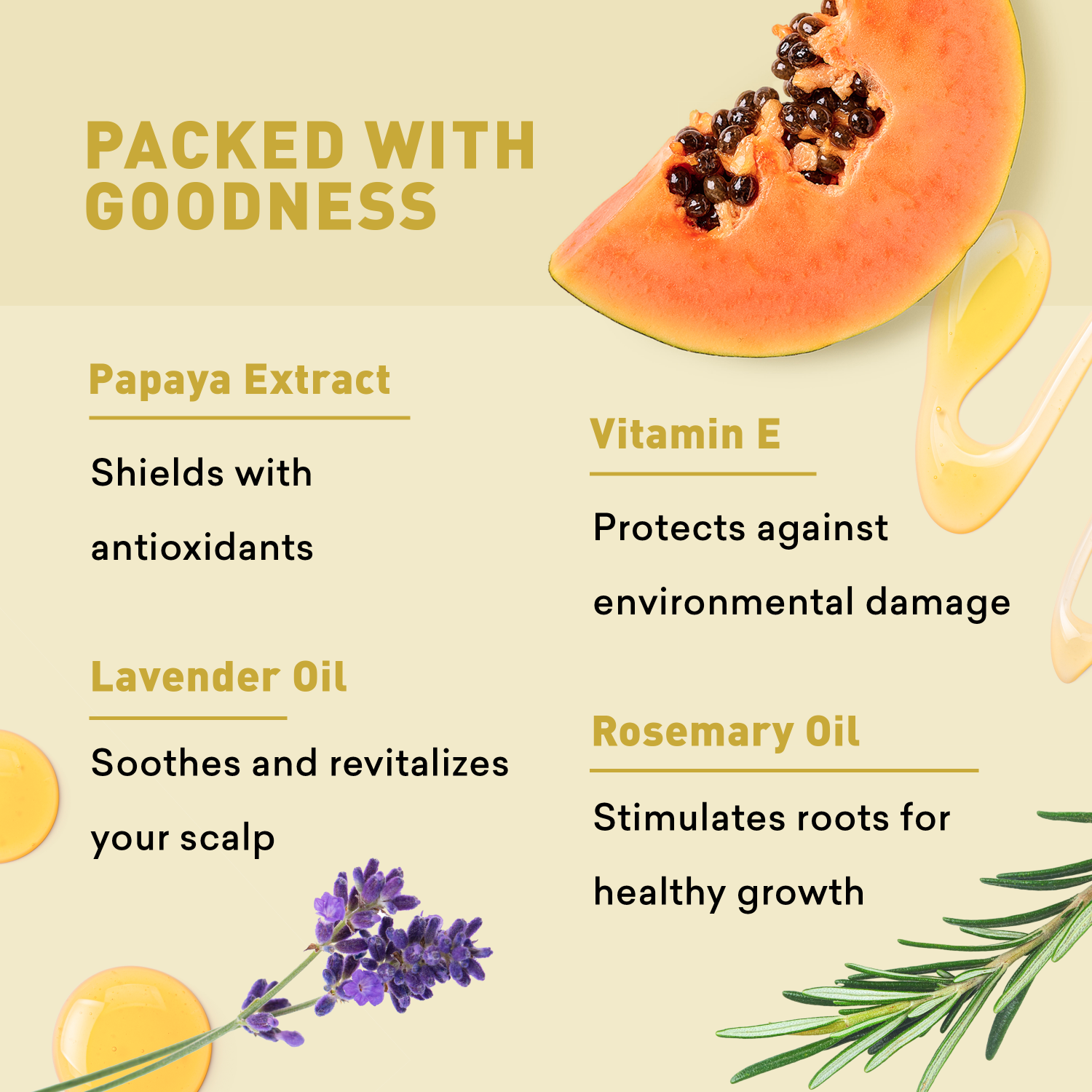 Product packaging with ingredients and benefits listed on a light green background