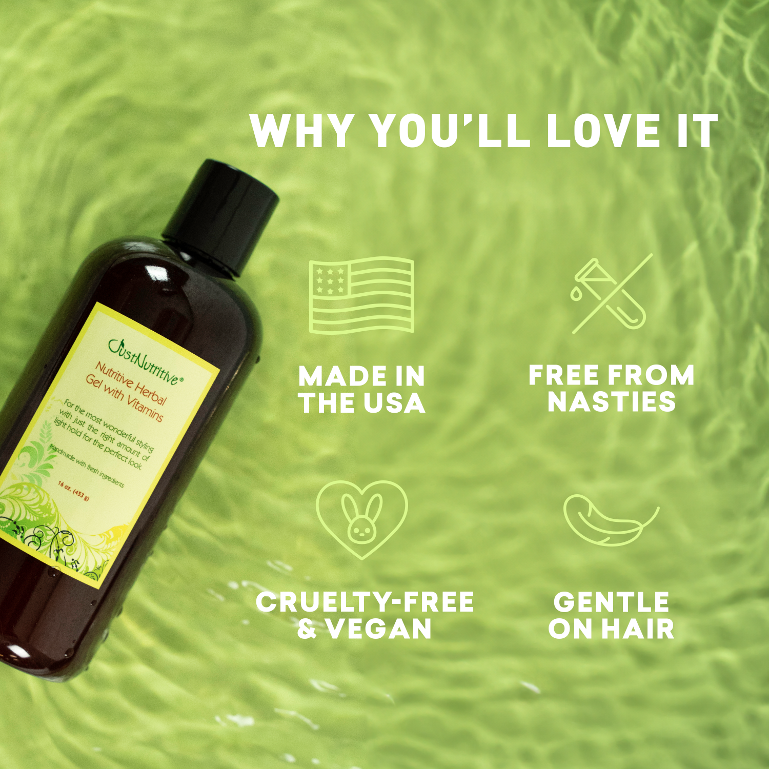 Bottle of herbal gel with a green background and text highlighting features.