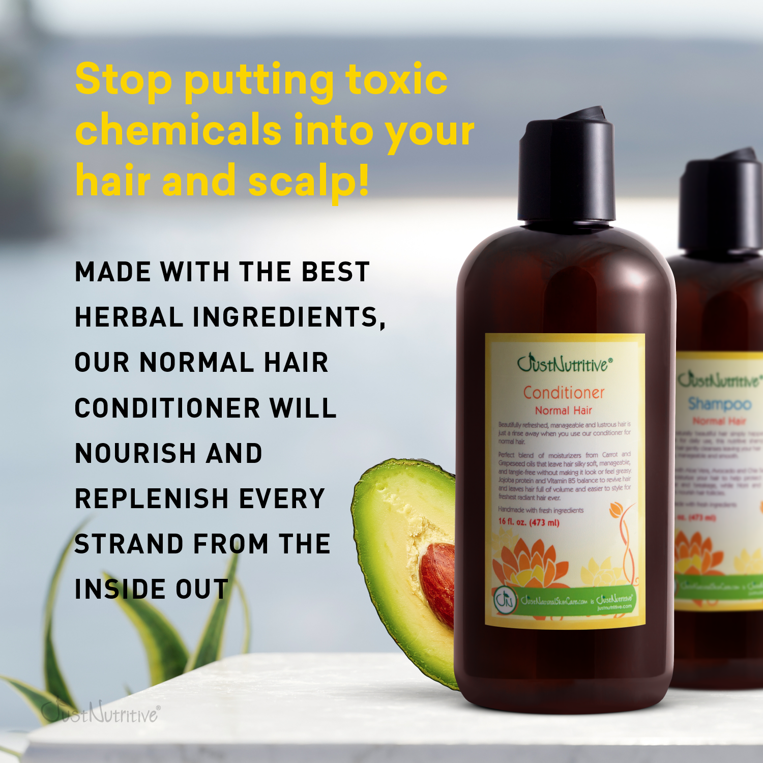 Cosmetic bottles with labels on a blurred background, featuring text about natural hair care products.