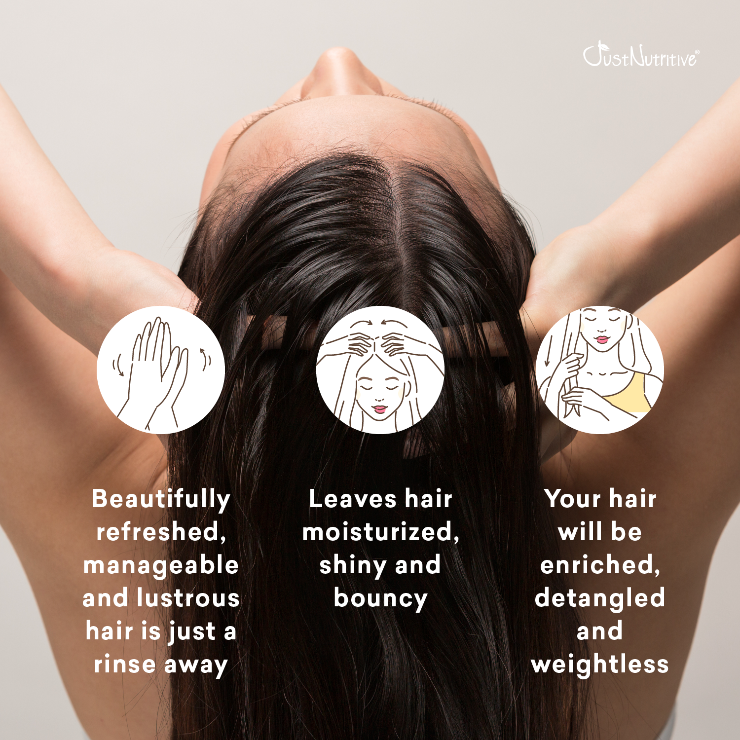 Person with long hair, showing hair care benefits on a plain background