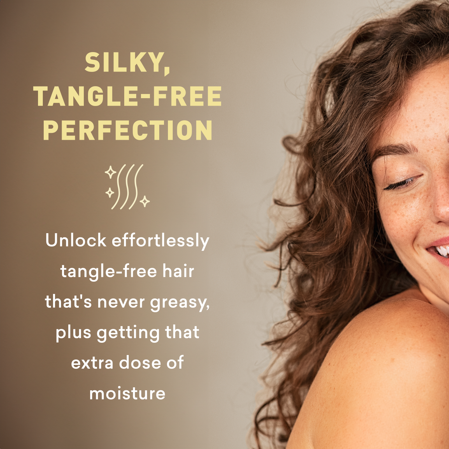 Woman with styled hair on a beige background with text about silky, tangle-free perfection.