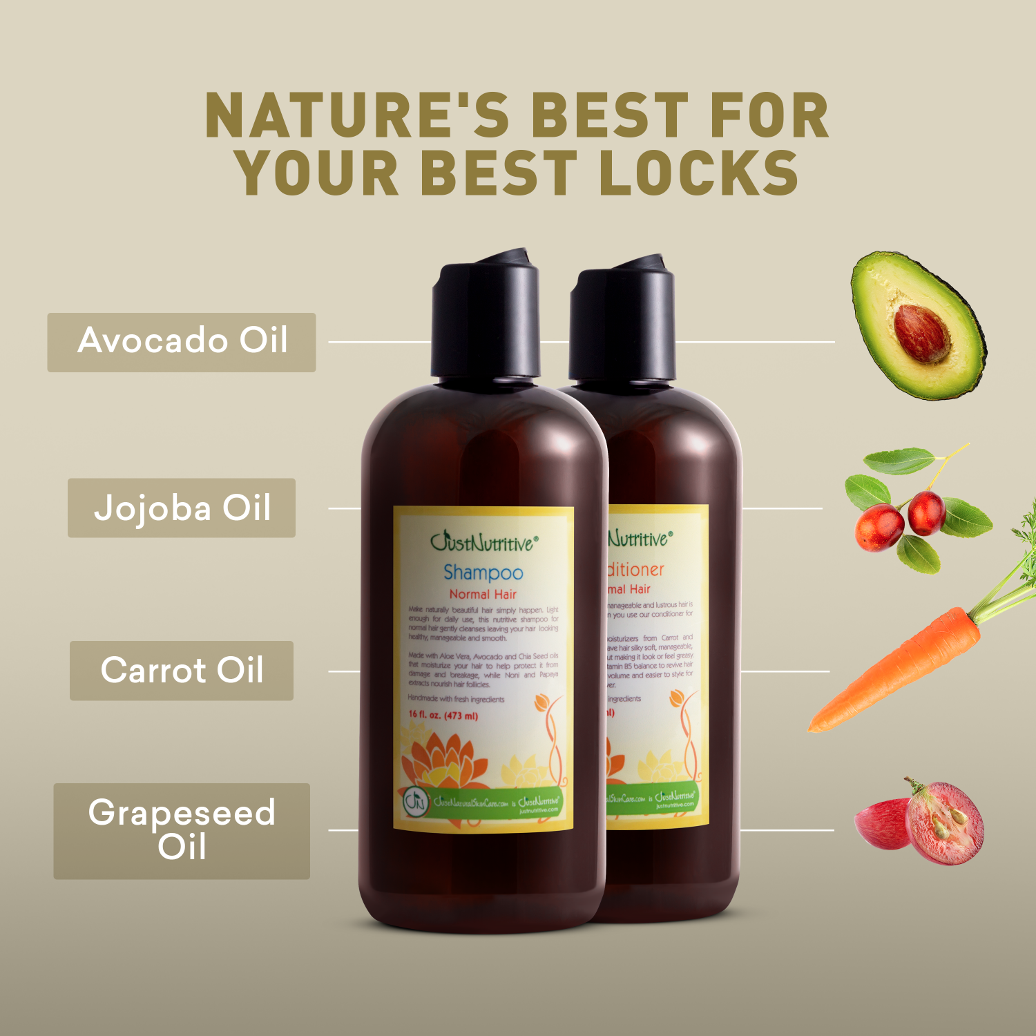 Two bottles of shampoo with avocado, jojoba, carrot, and grapeseed oil graphics on a beige background.