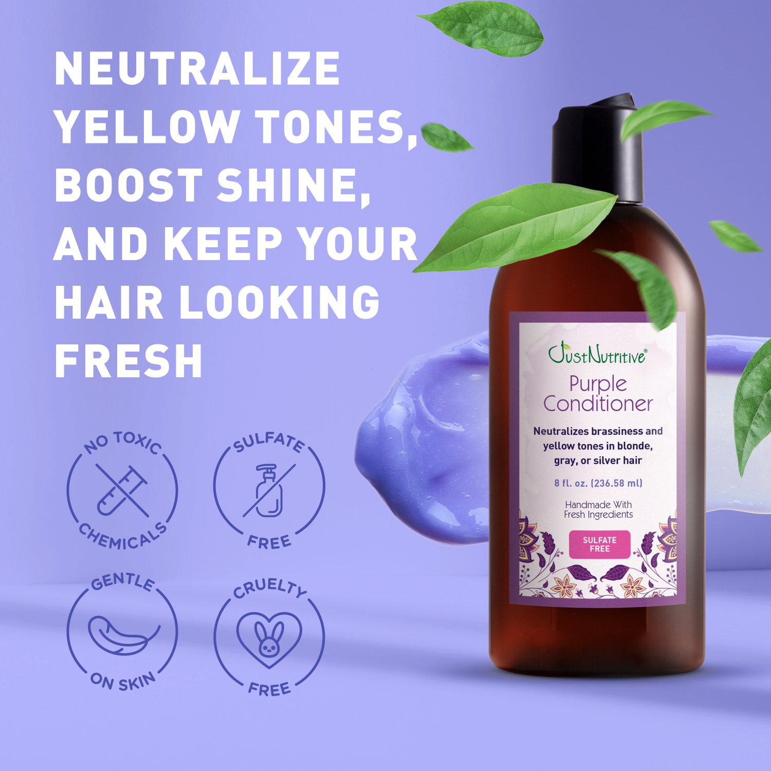 Purple conditioner bottle with green leaves on a purple background, featuring text about hair care benefits.