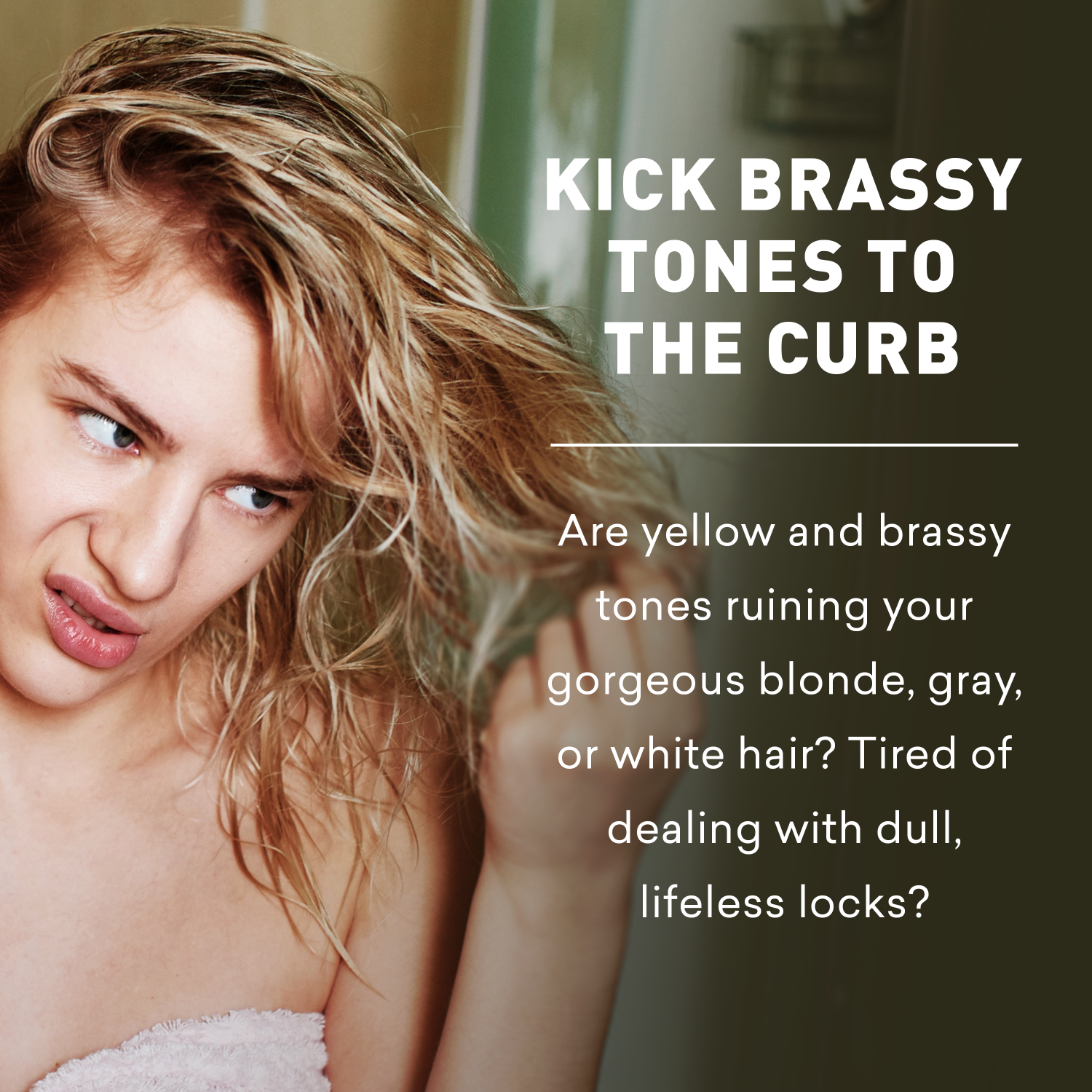 Woman with blonde hair looking displeased, text about hair color issues.