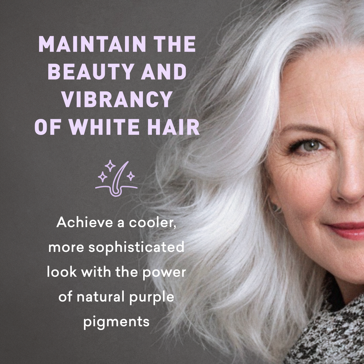 Woman with white hair against a dark background with text about maintaining the beauty and vibrancy of white hair.