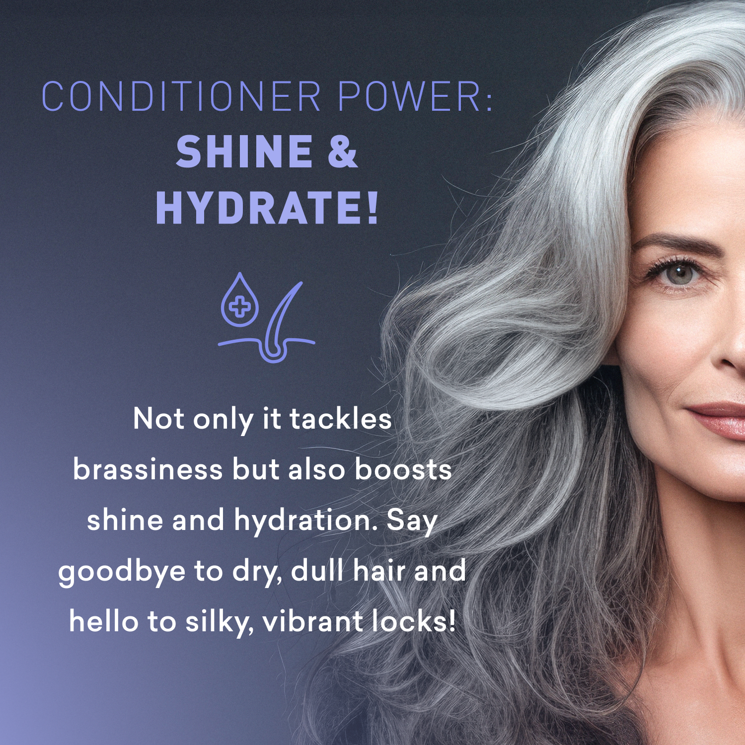 Advertisement for a conditioner with text about shine and hydration, featuring a woman with gray hair.