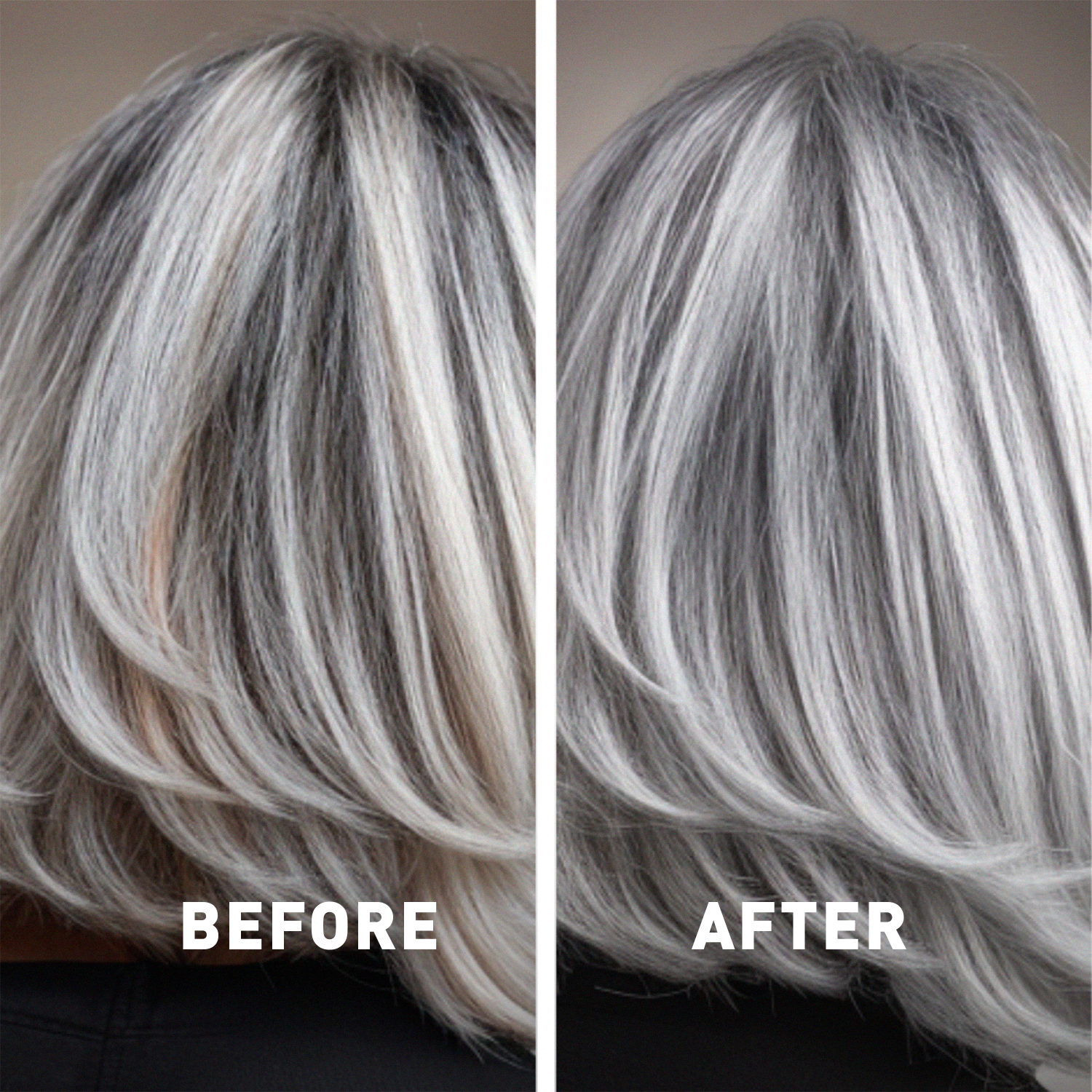 Before and after comparison of hair color with 'Before' on left and 'After' on right.