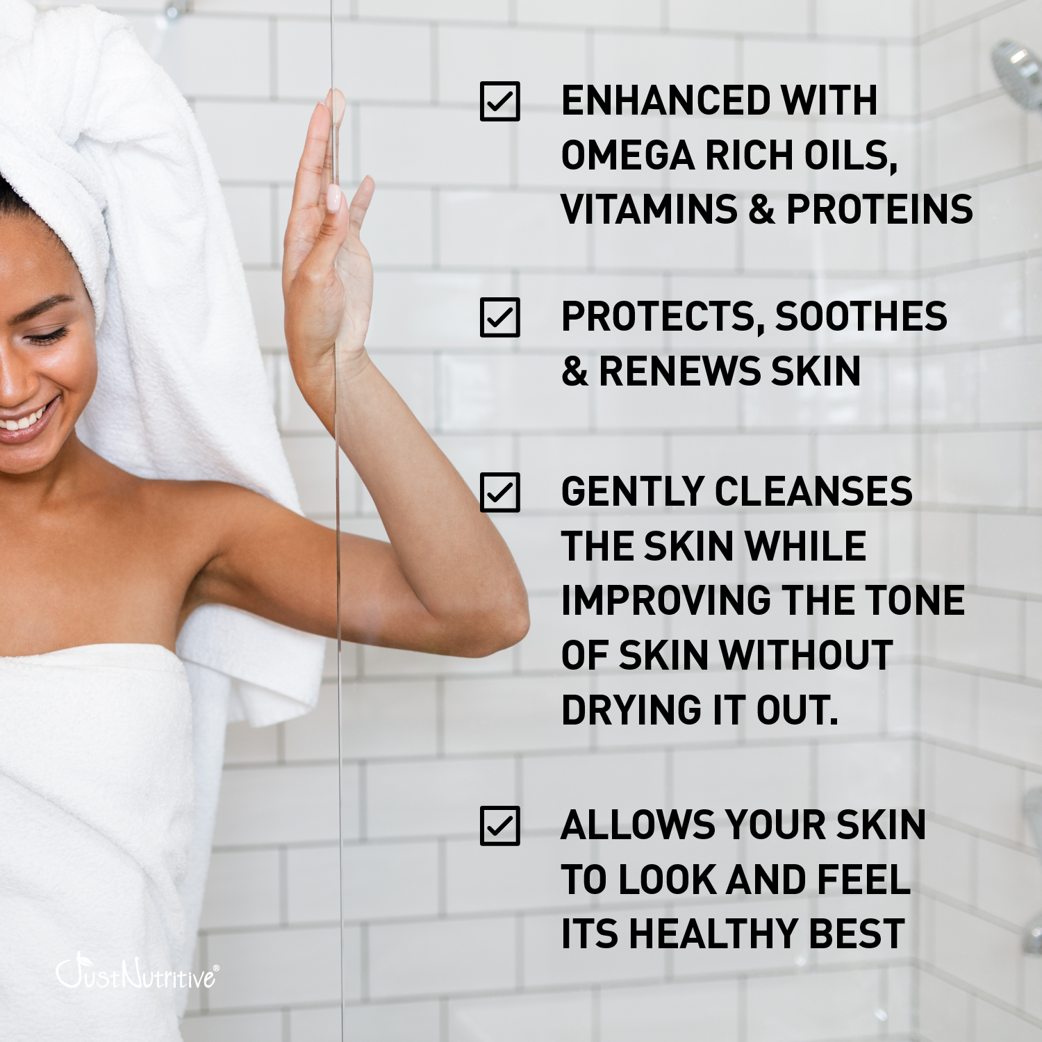 Woman with a towel on her head in a bathroom, with text about skincare benefits.